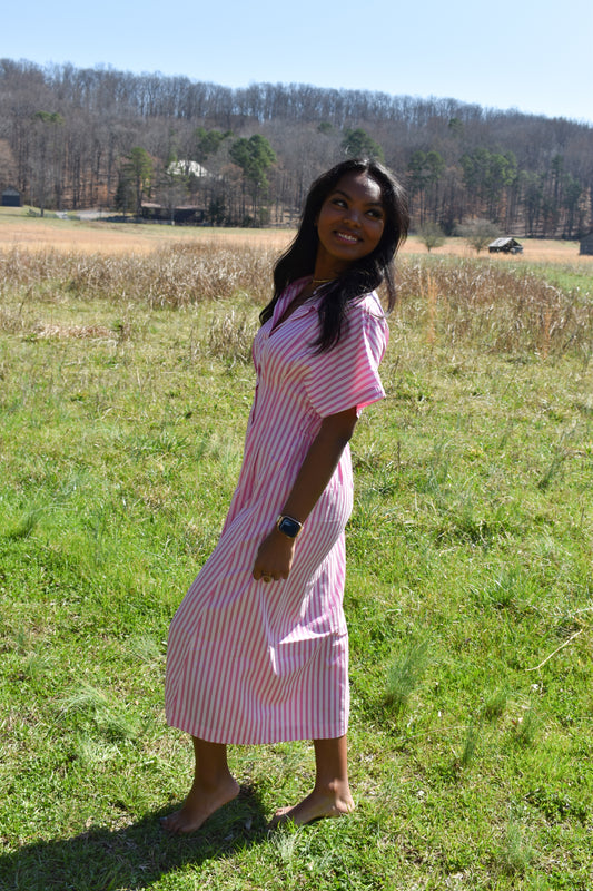 Pink Stripe Pleated Midi Dress