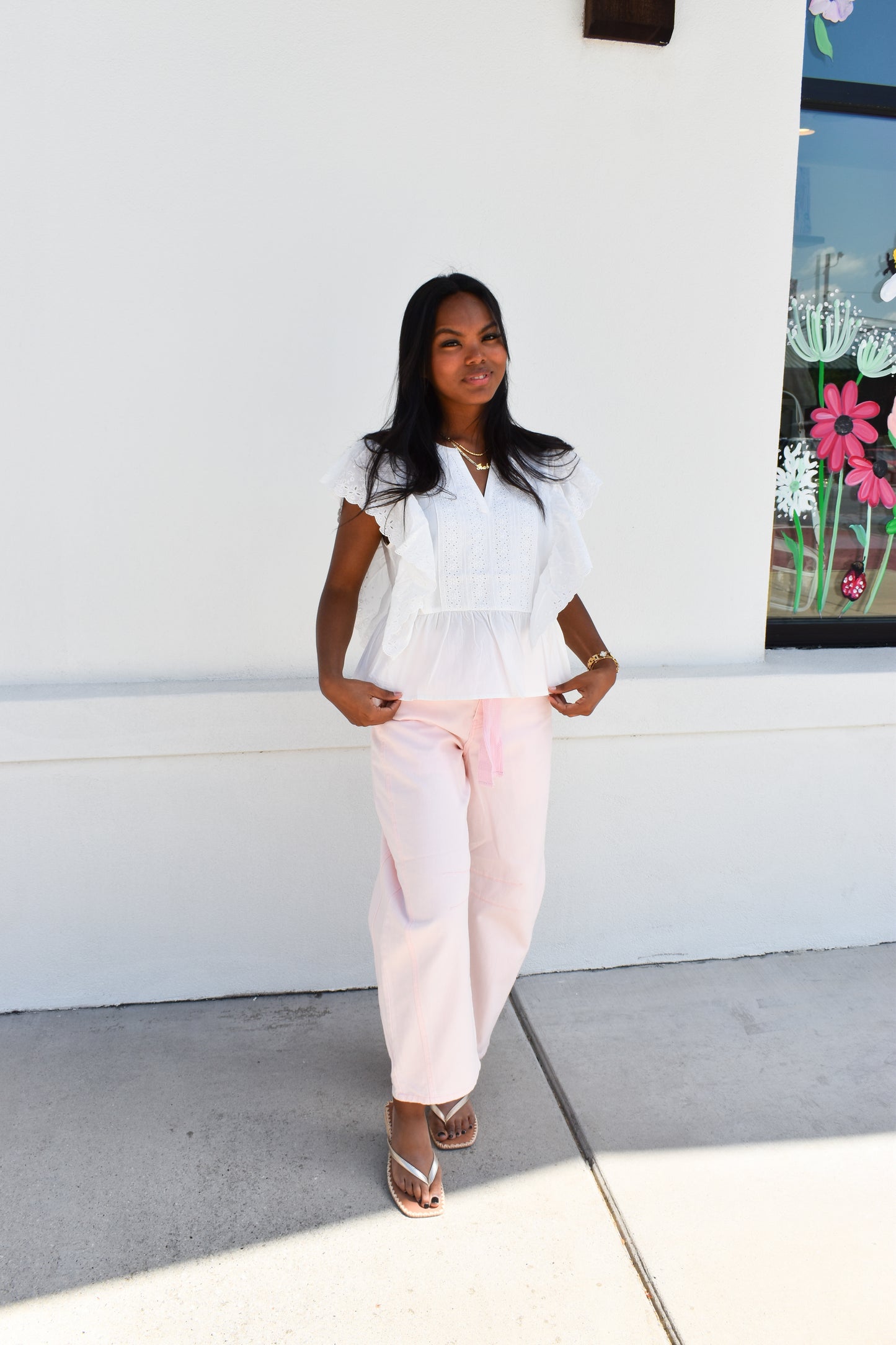 Delicately Embroidered Eyelet Ruffled Cotton Poplin Blouse