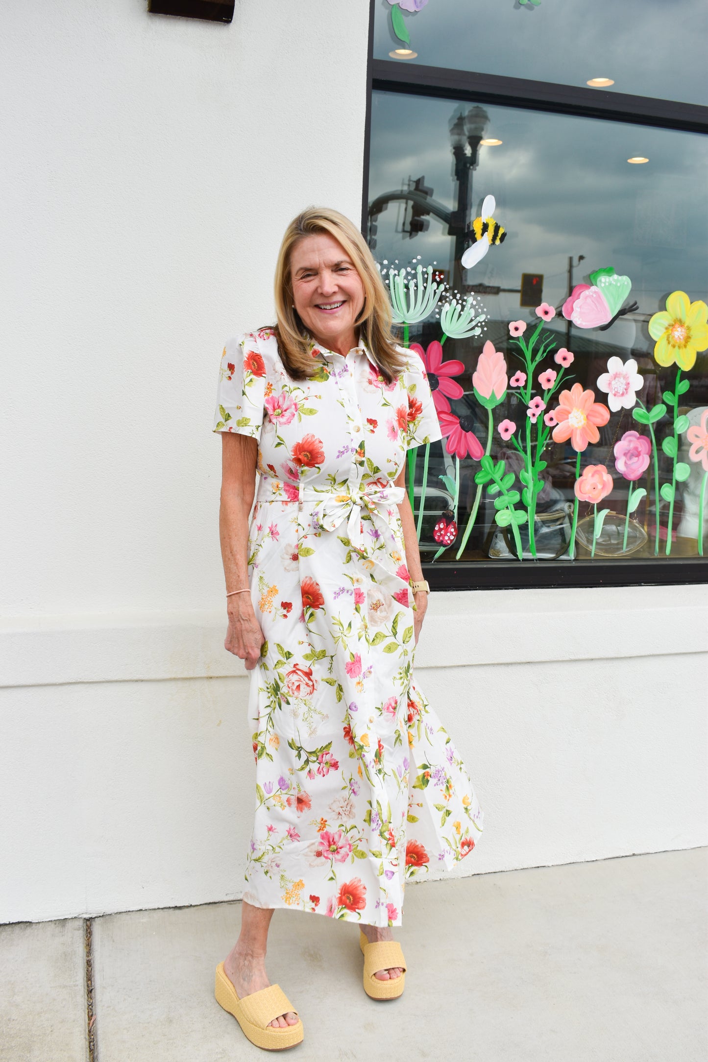 Floral Short Sleeve Belted Midi Dress