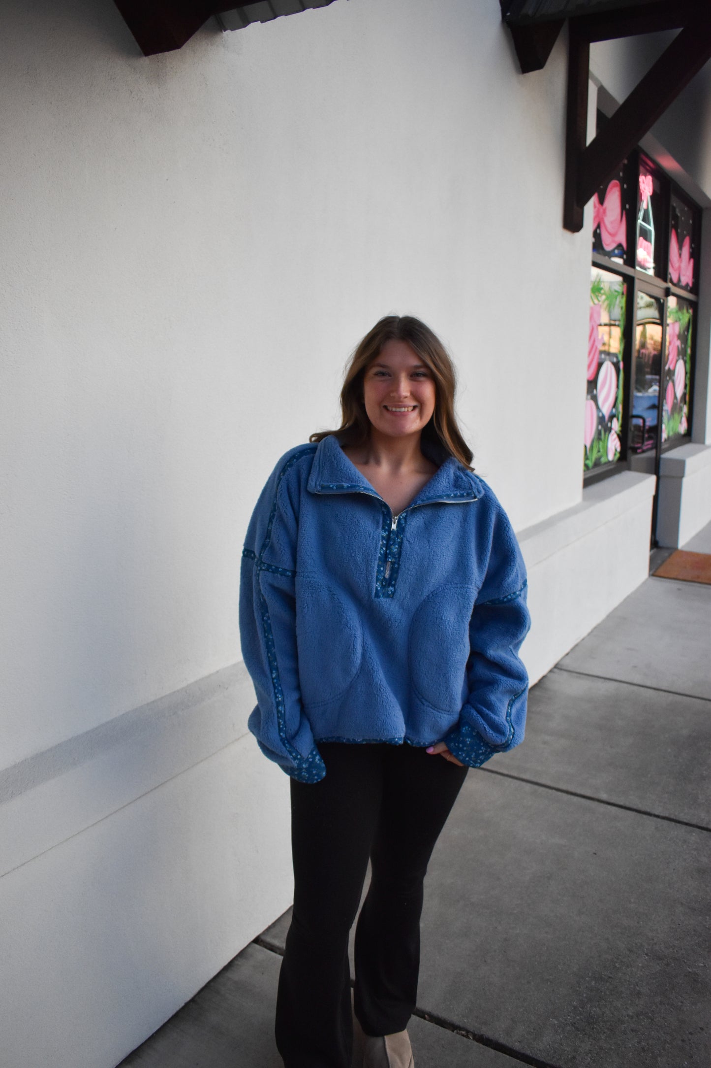 Floral Piping Detail Sherpa Jacket