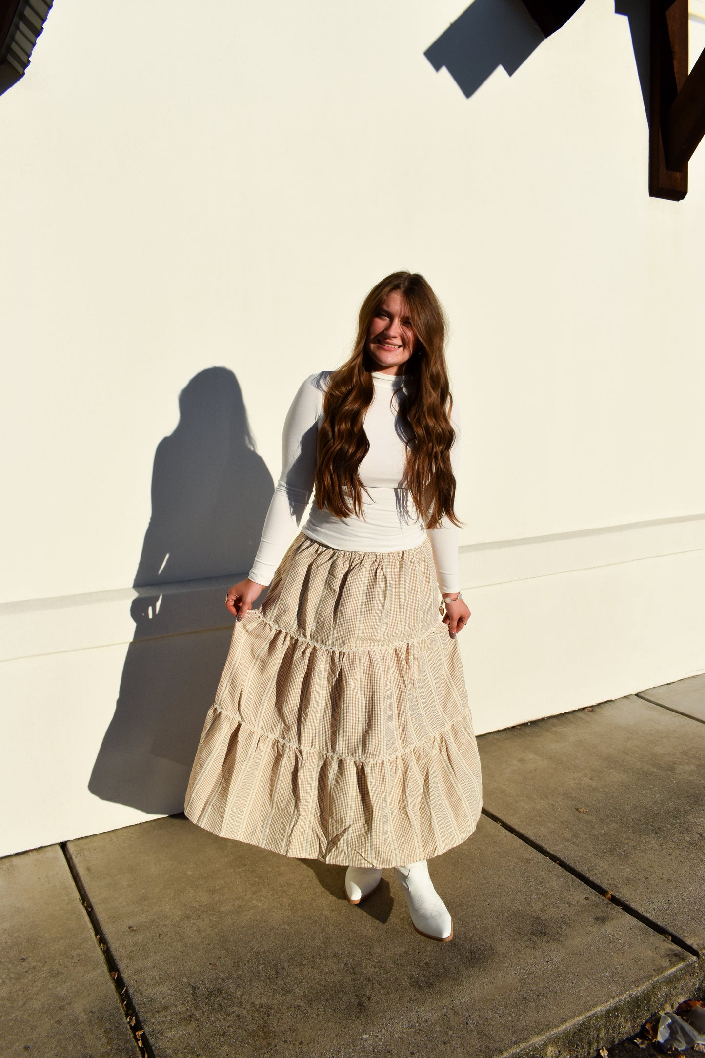 Lace Trim Gingham Maxi Skirt