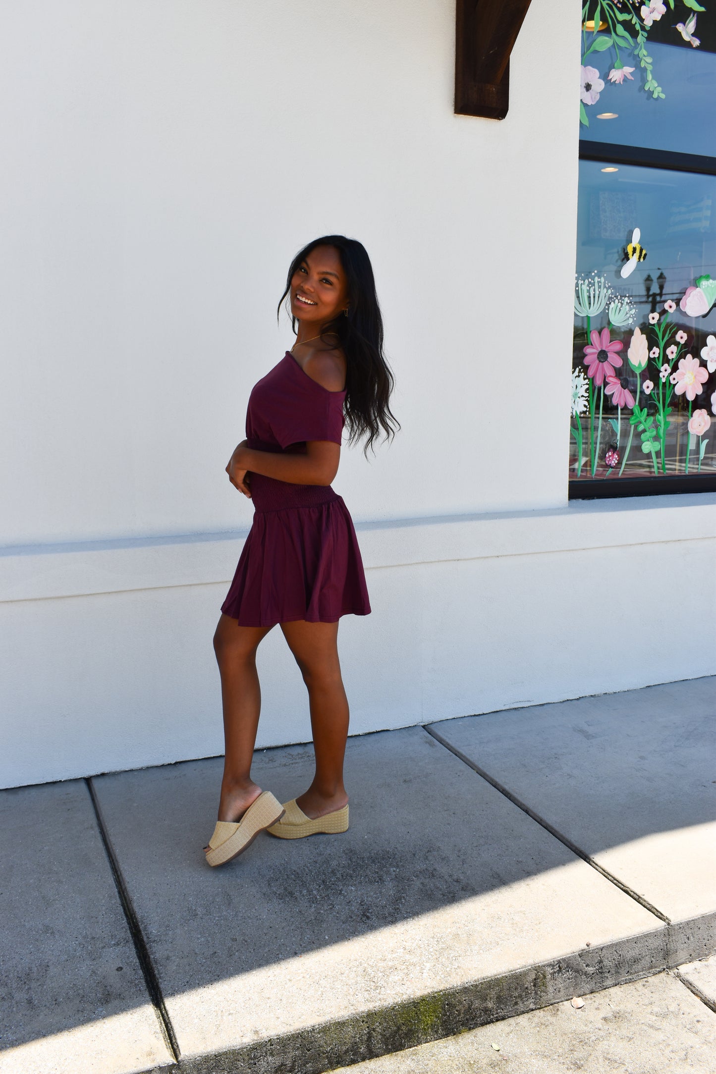 Off Shoulder Smocked Waist Dress: Wine