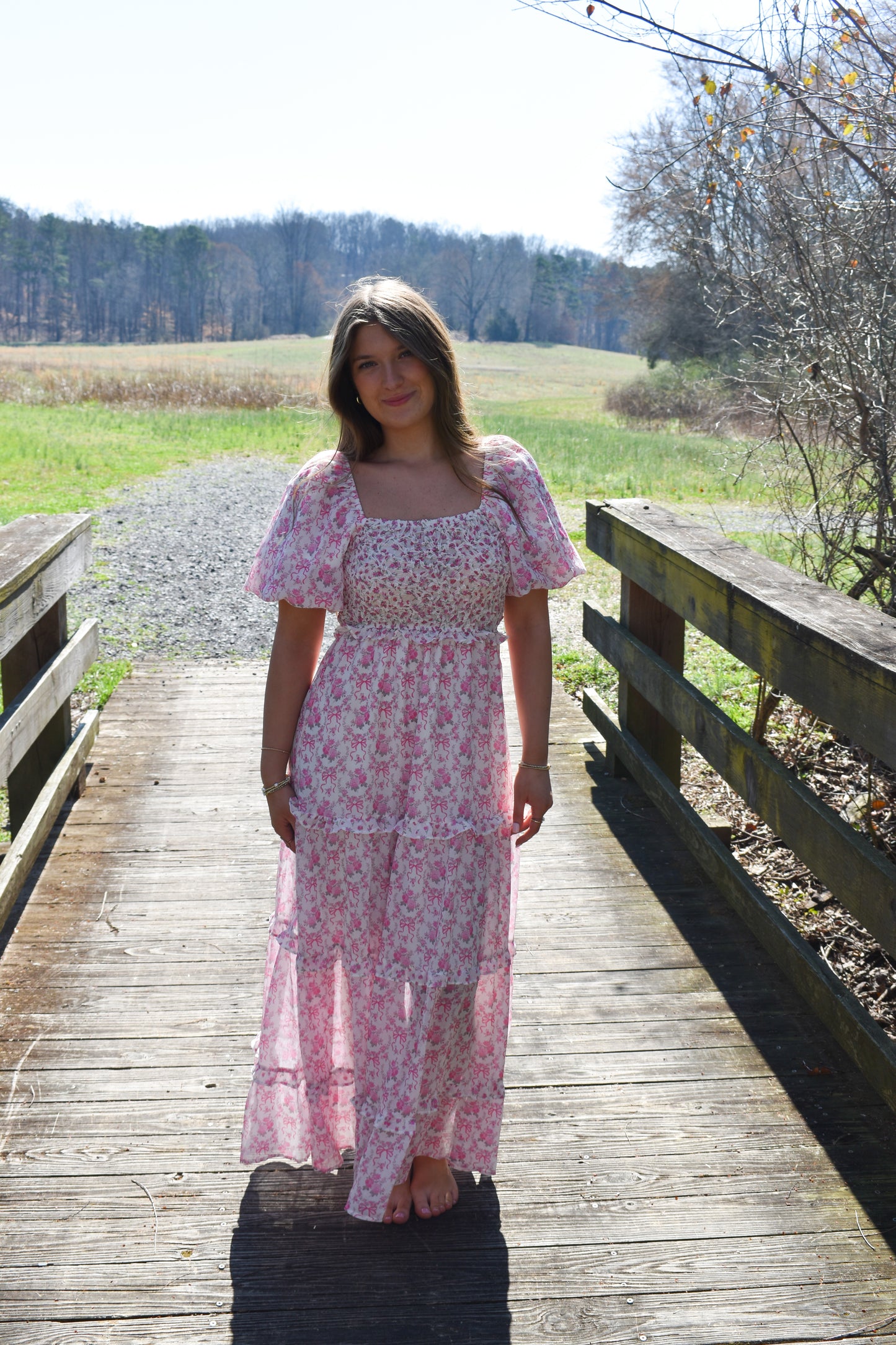 Bubble Floral Bow Maxi Dress