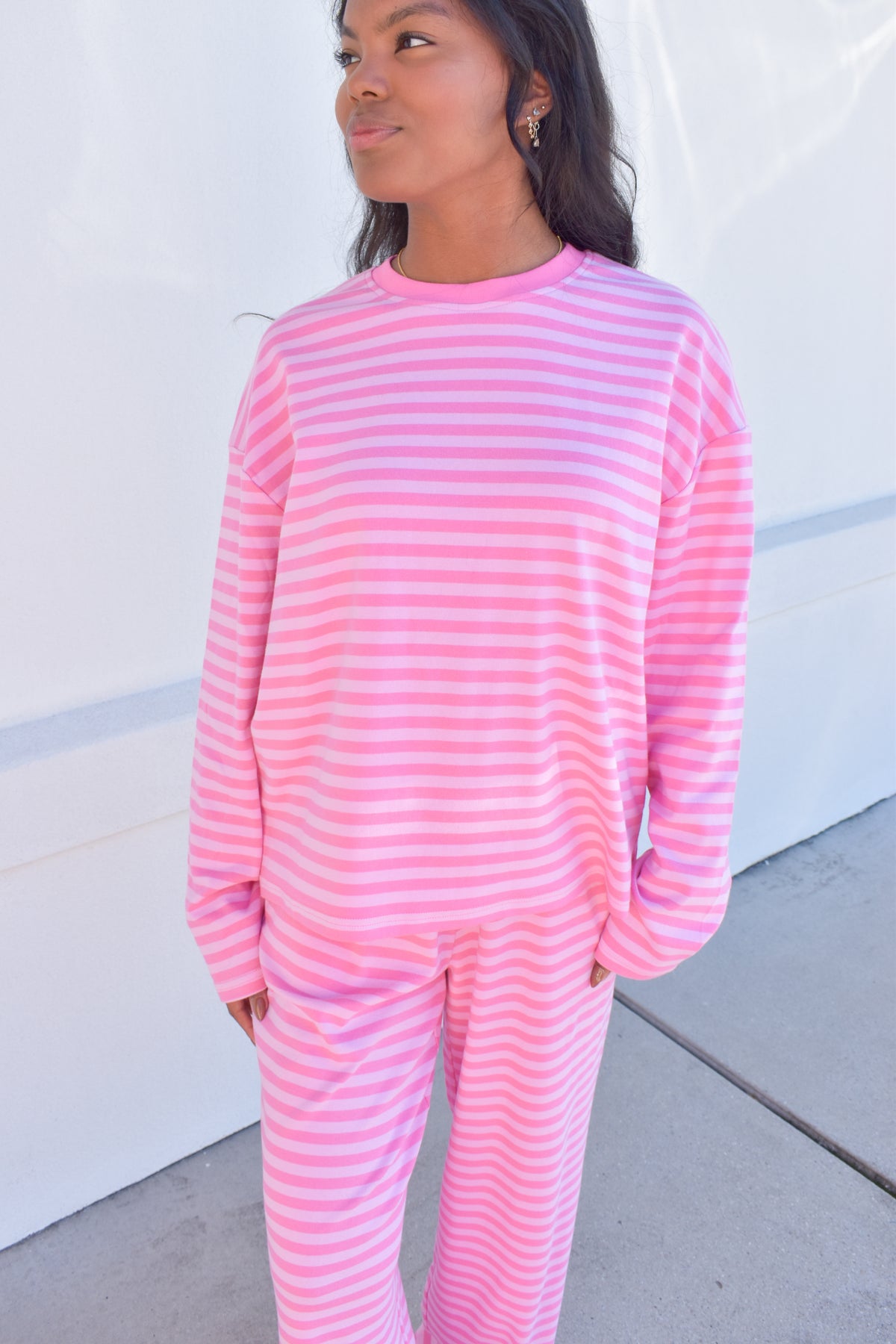Hot Pink Striped Loungewear Long Sleeve Top