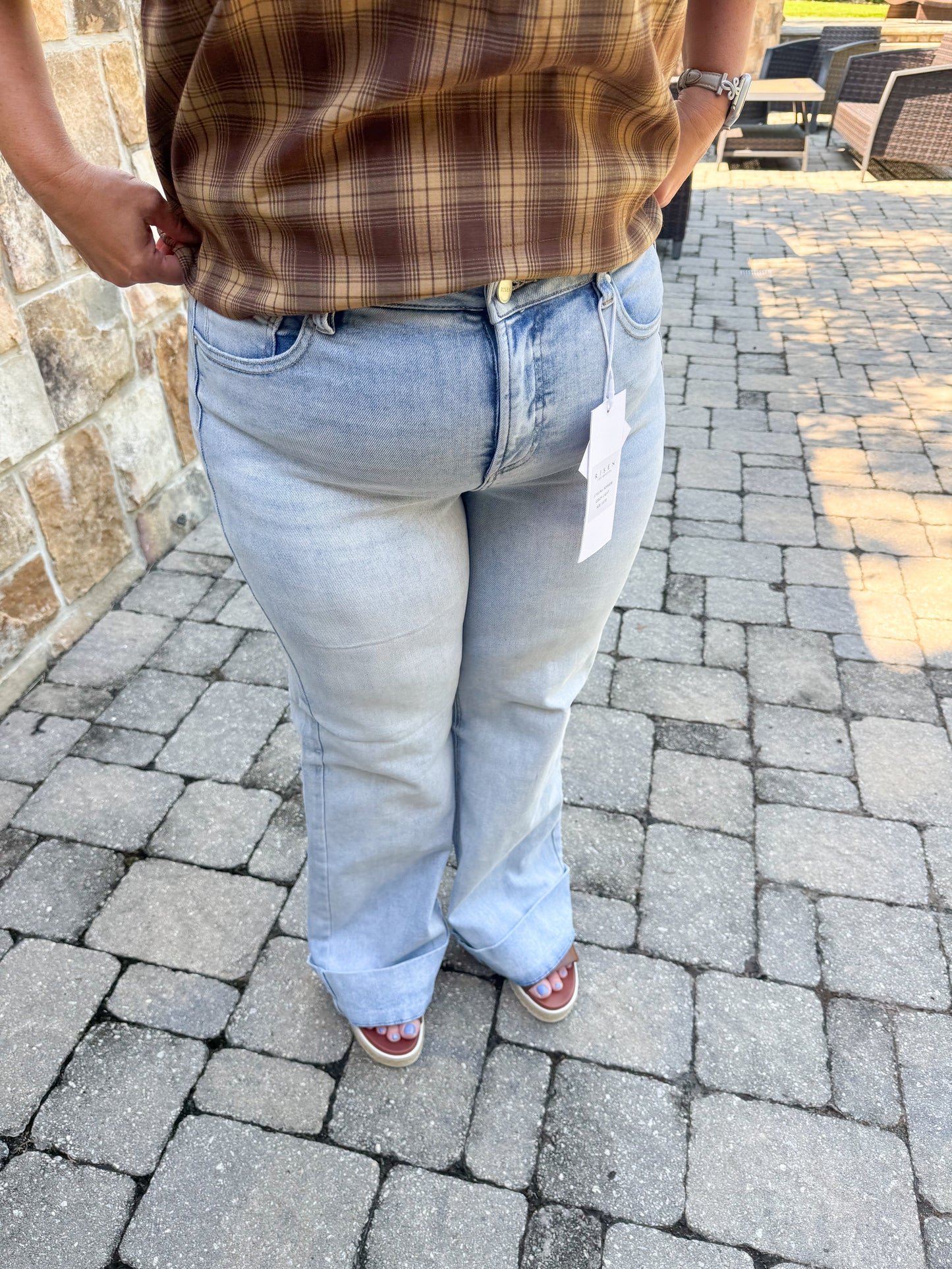 Risen Tummy Control High Rise Ankle Wide Cuffed Jeans: Light
