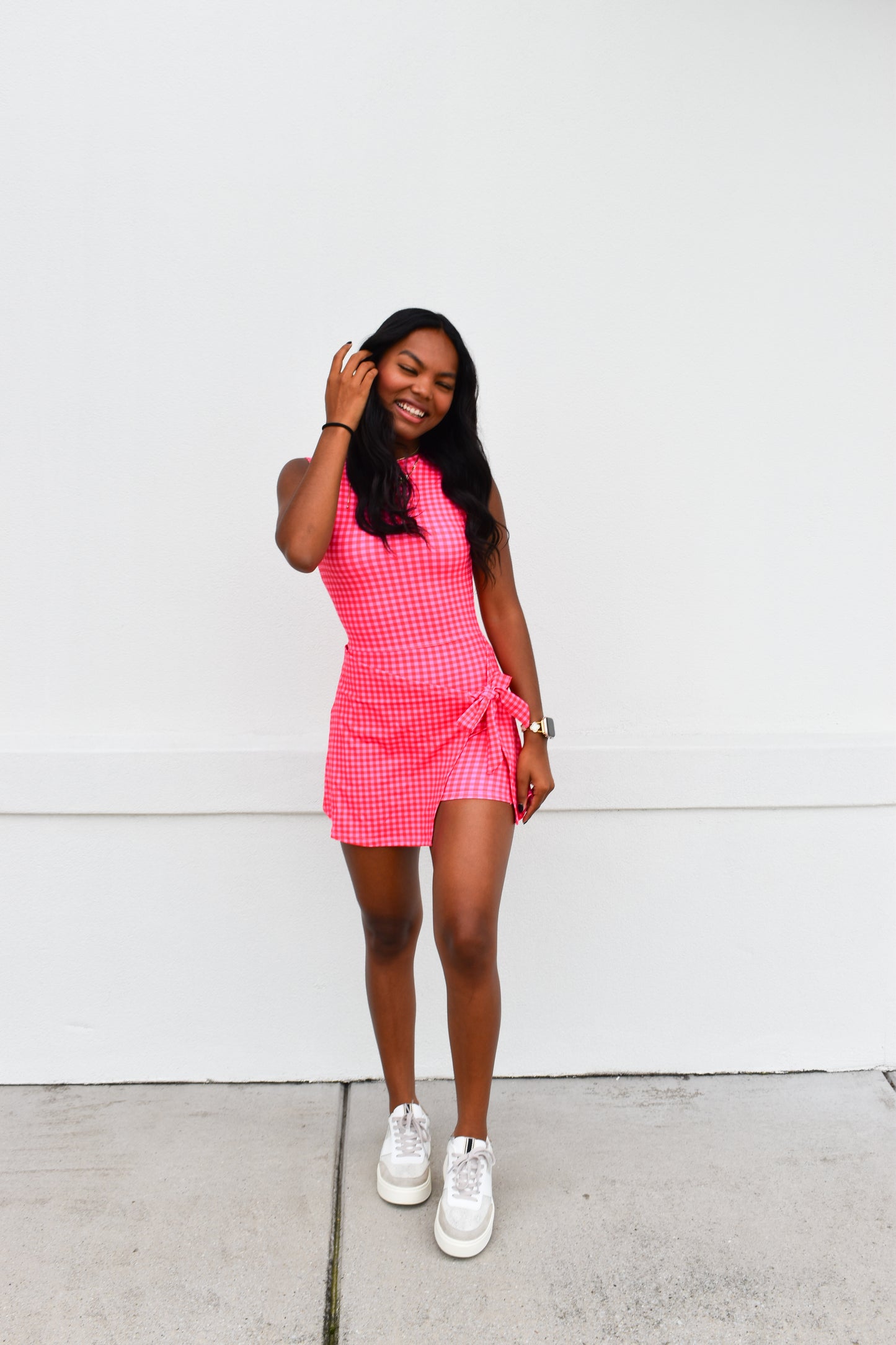 Gingham Athletic Wrap Tie Dress: Hot Pink