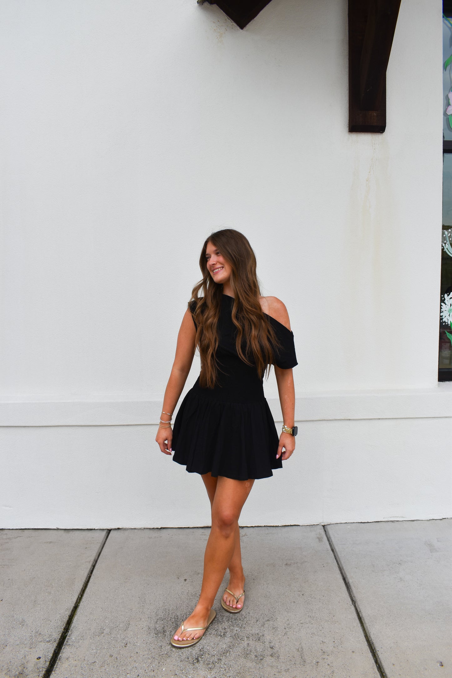 Off Shoulder Smocked Waist Dress: Black