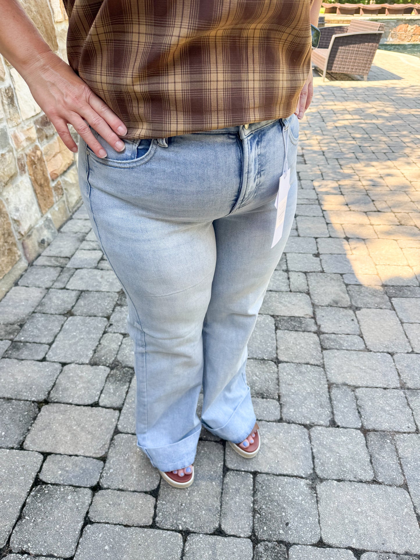 Risen Tummy Control High Rise Ankle Wide Cuffed Jeans: Light