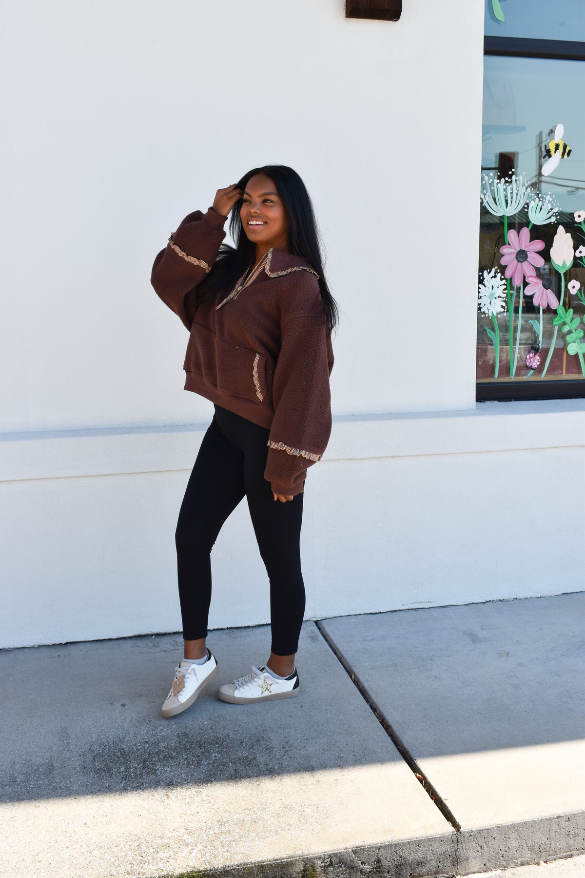 Gingham Fleece Collared Pullover: Brown