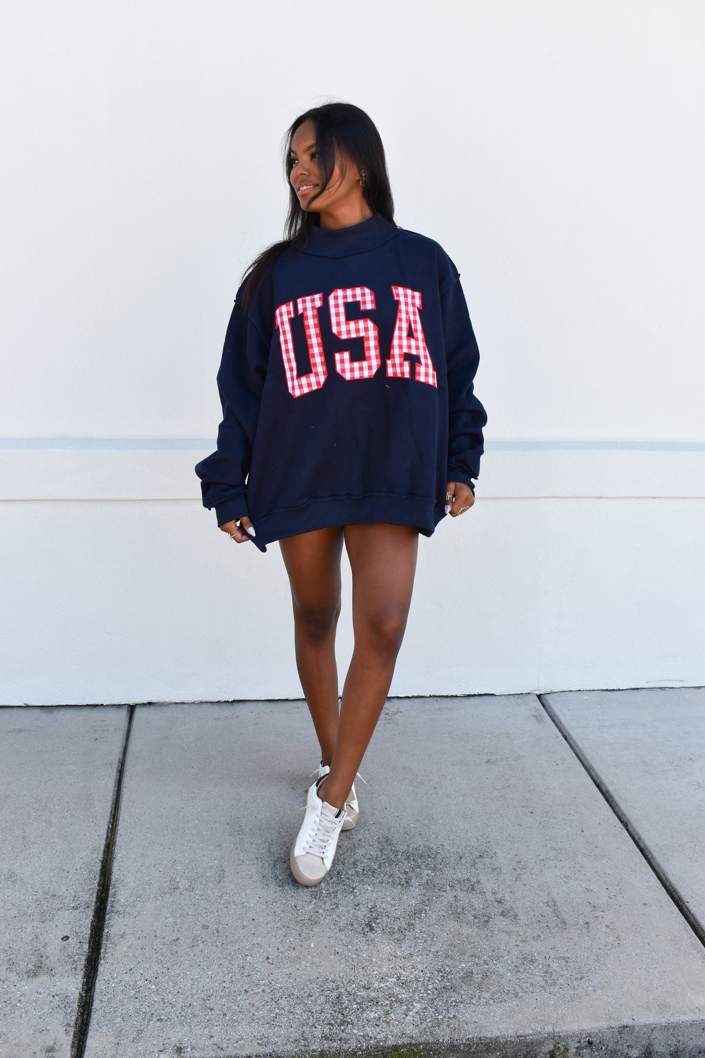 Gingham Embroidery "USA" Mock Neck Sweatshirt