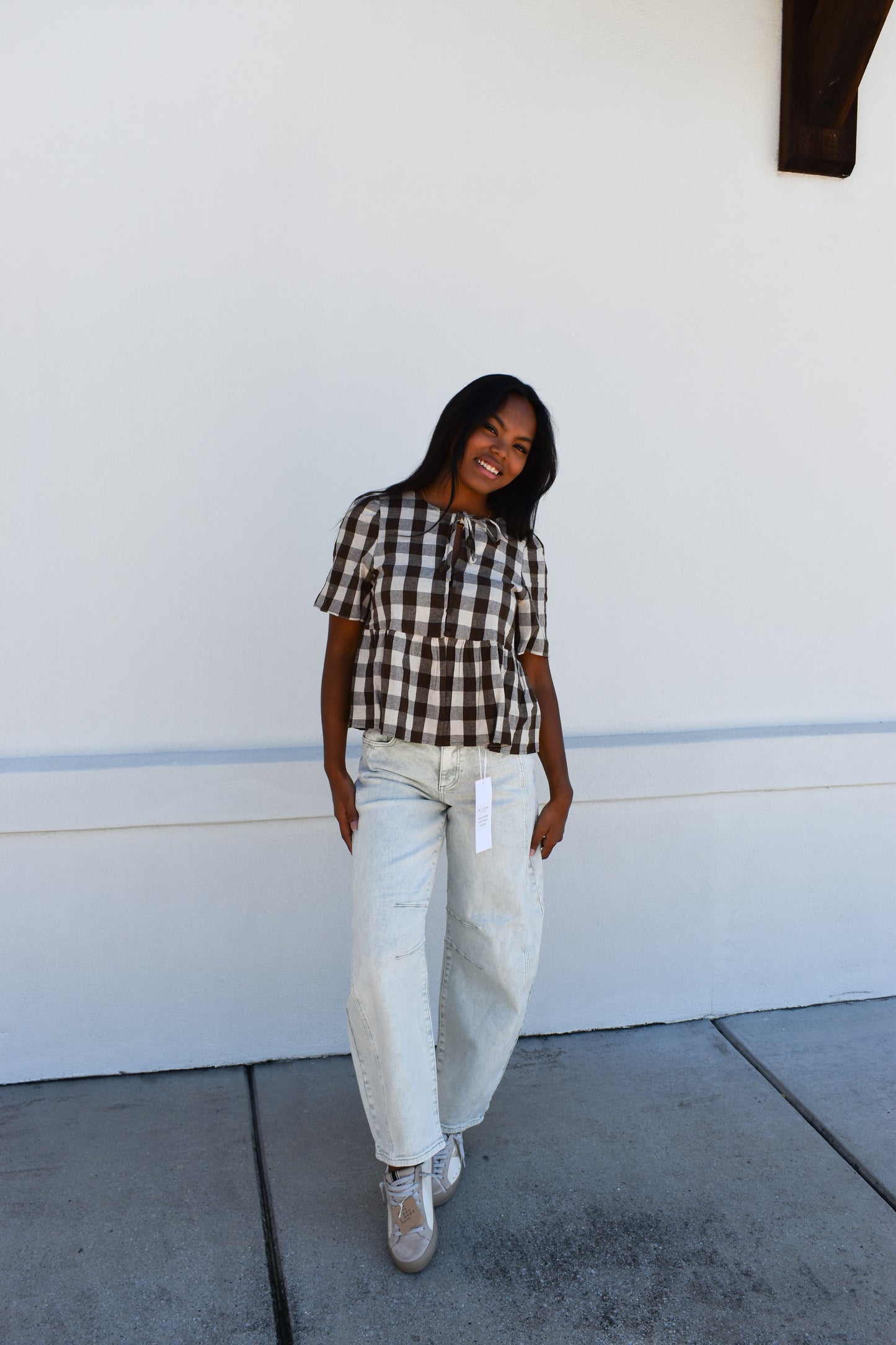 Keyhole Tie-Neck Gingham Peplum Blouse