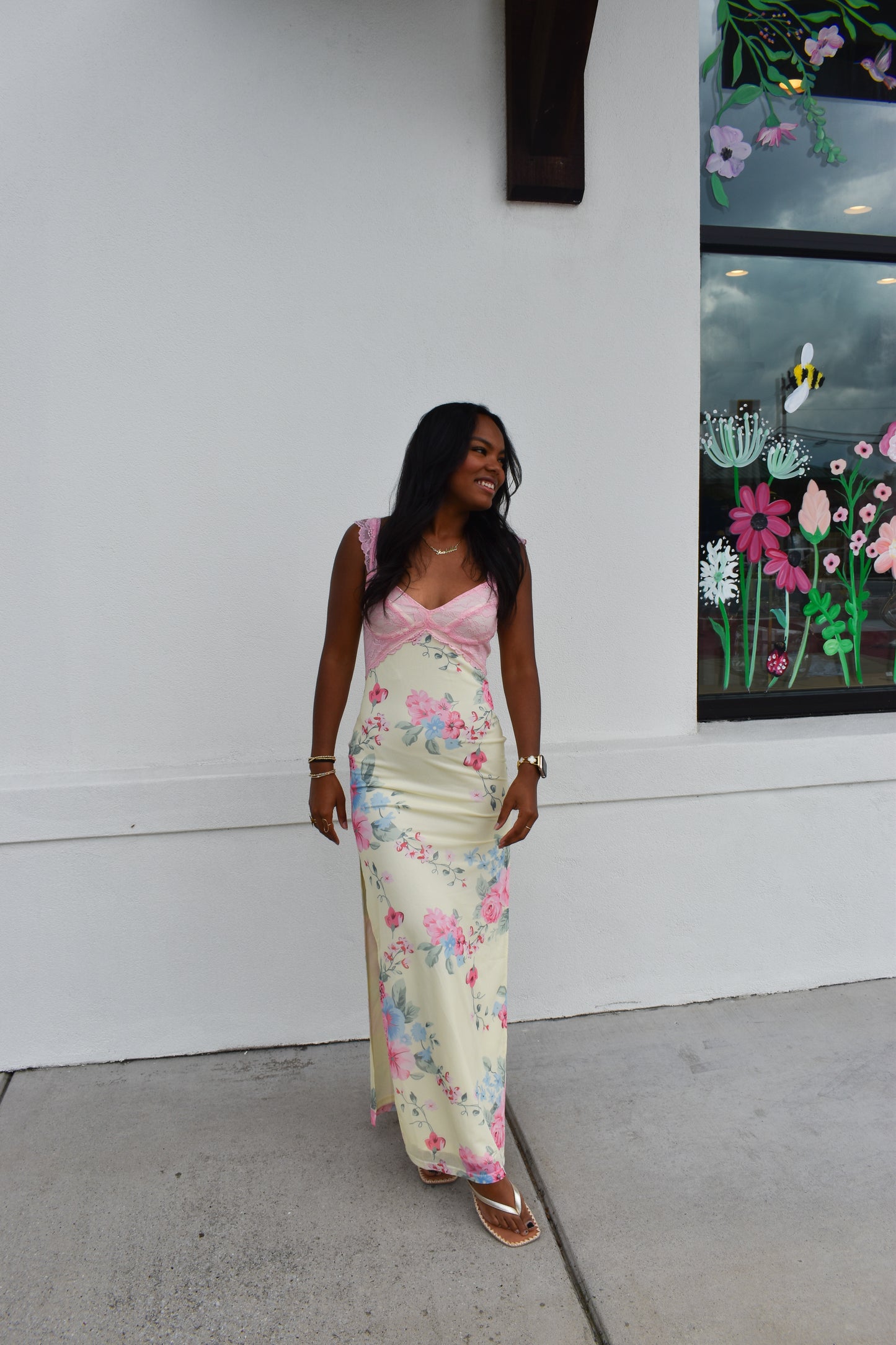 Mesh Floral Print Lace Detail Side Slit Maxi Dress