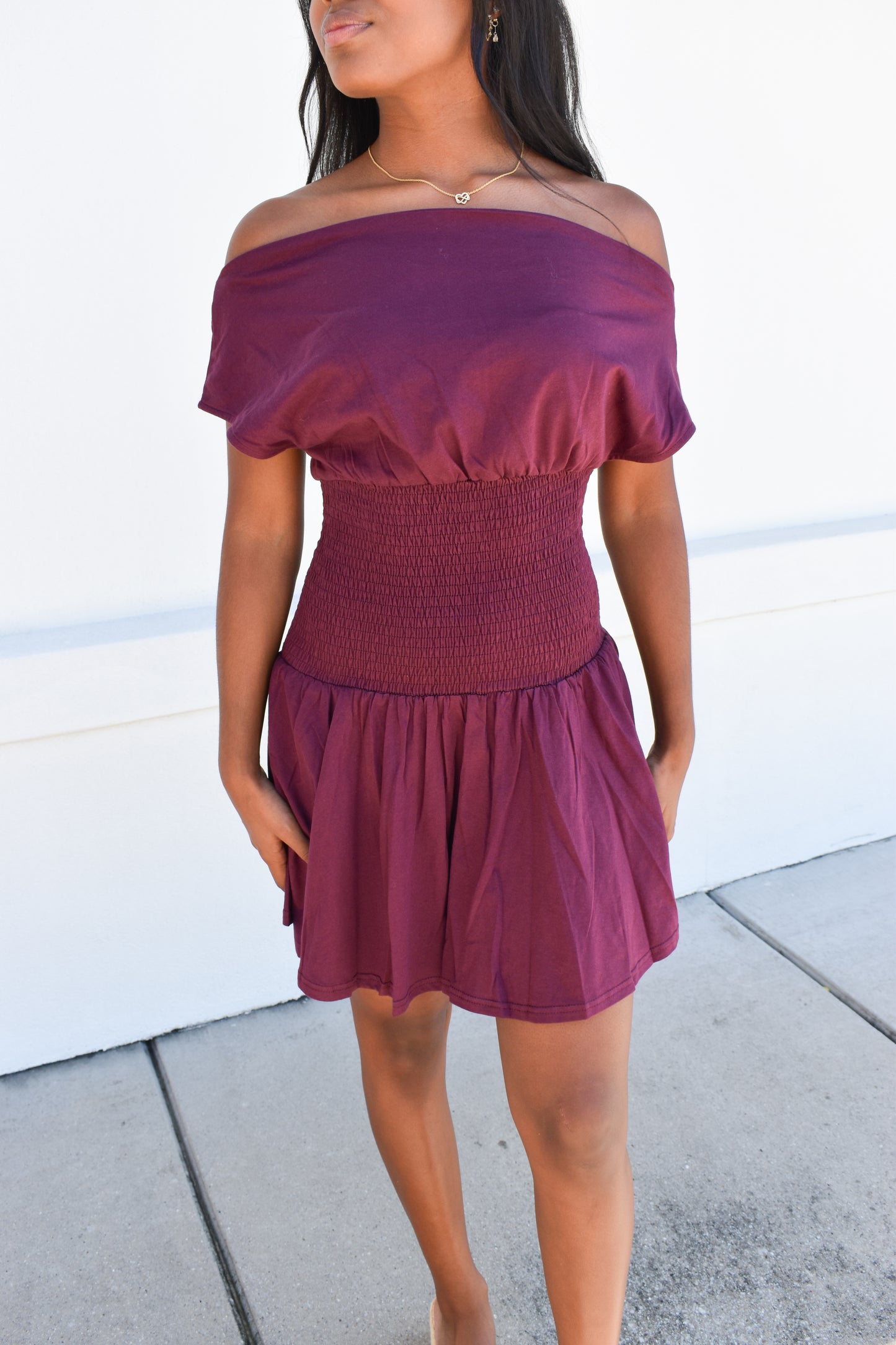 Off Shoulder Smocked Waist Dress: Wine