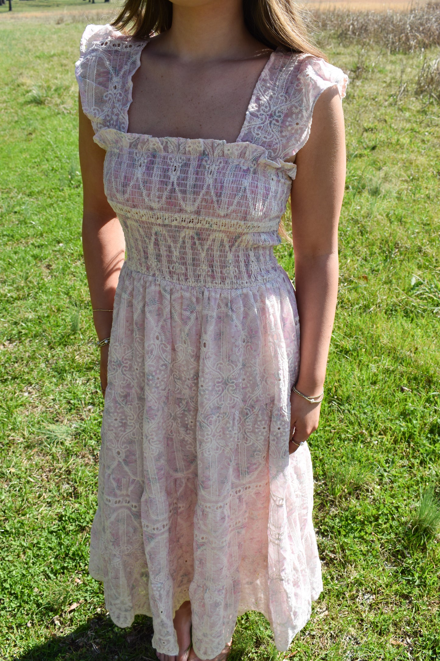 Whimsical Lace Flutter Sleeve Midi Dress