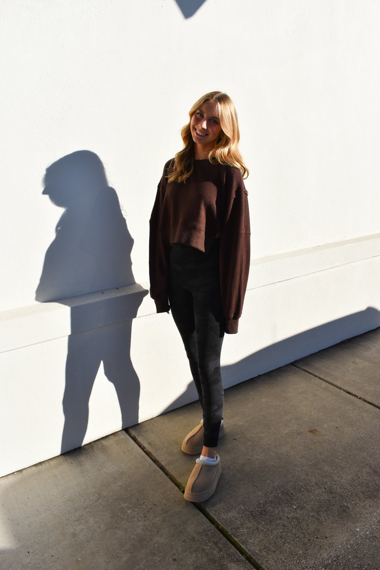 Waffle Knit Oversized Long Sleeve Top: Brown