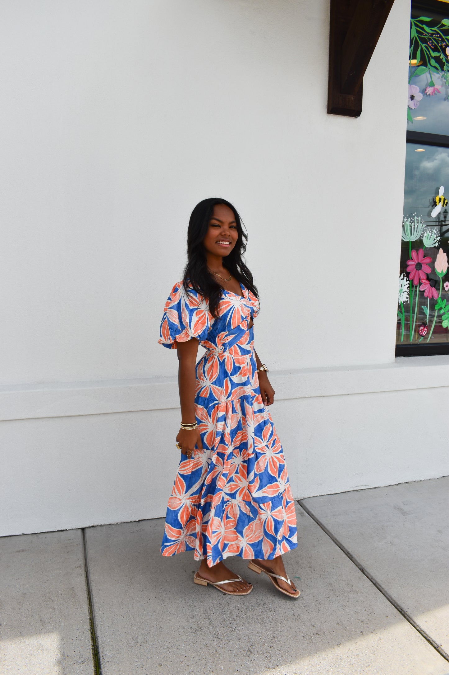 Blue/Orange Floral Maxi Dress
