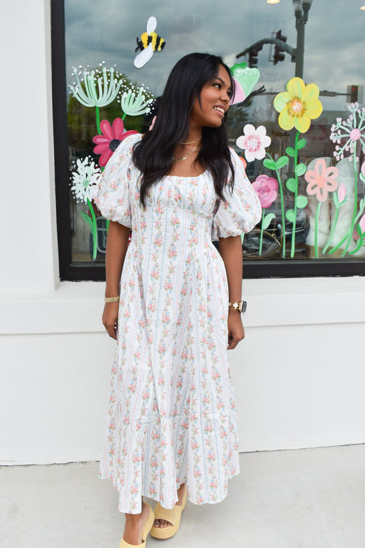 Floral Bubble Maxi Dress W/ Pin Stripe Detail