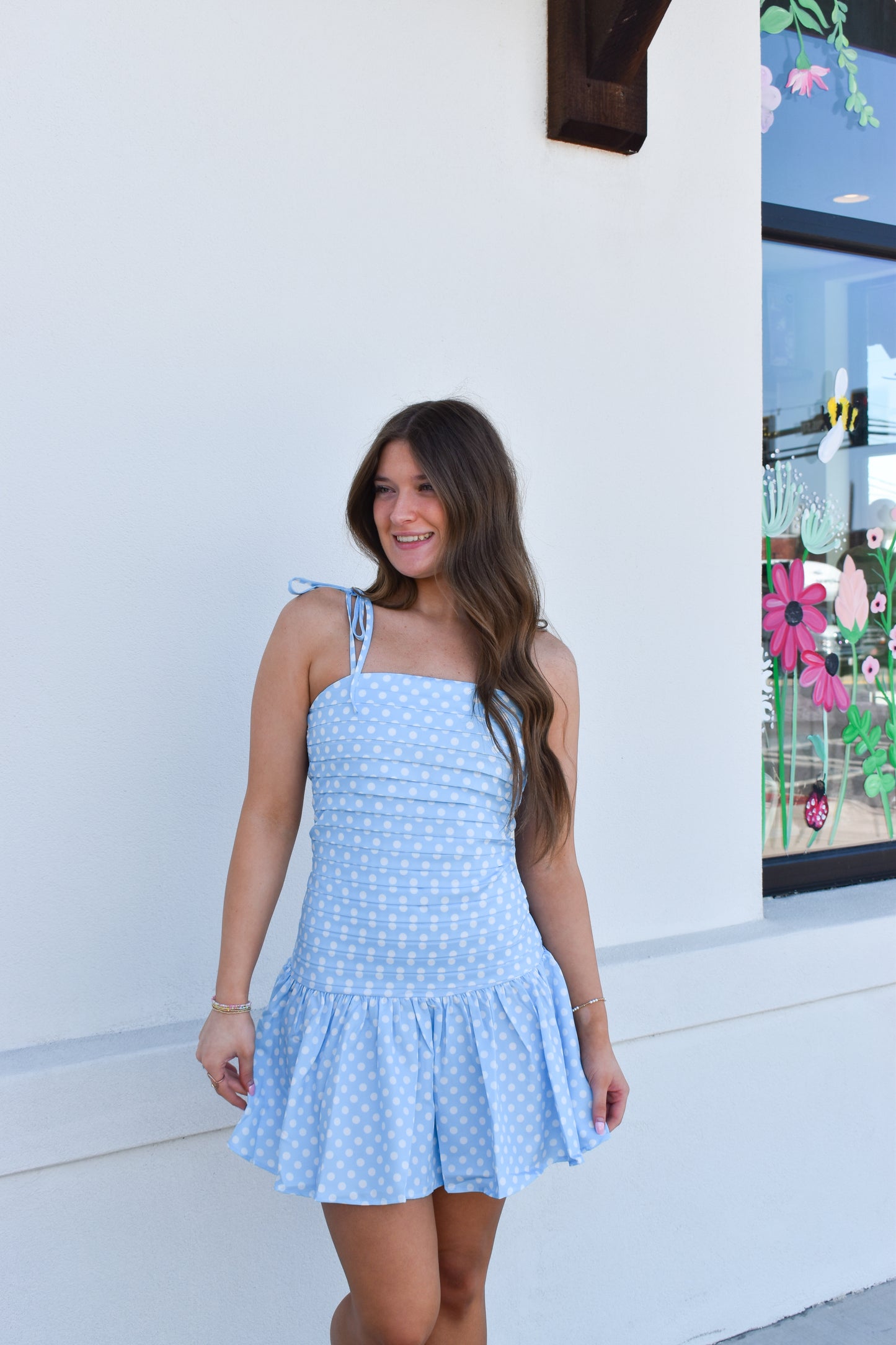Blue Polka Dot Pleated Mini Dress