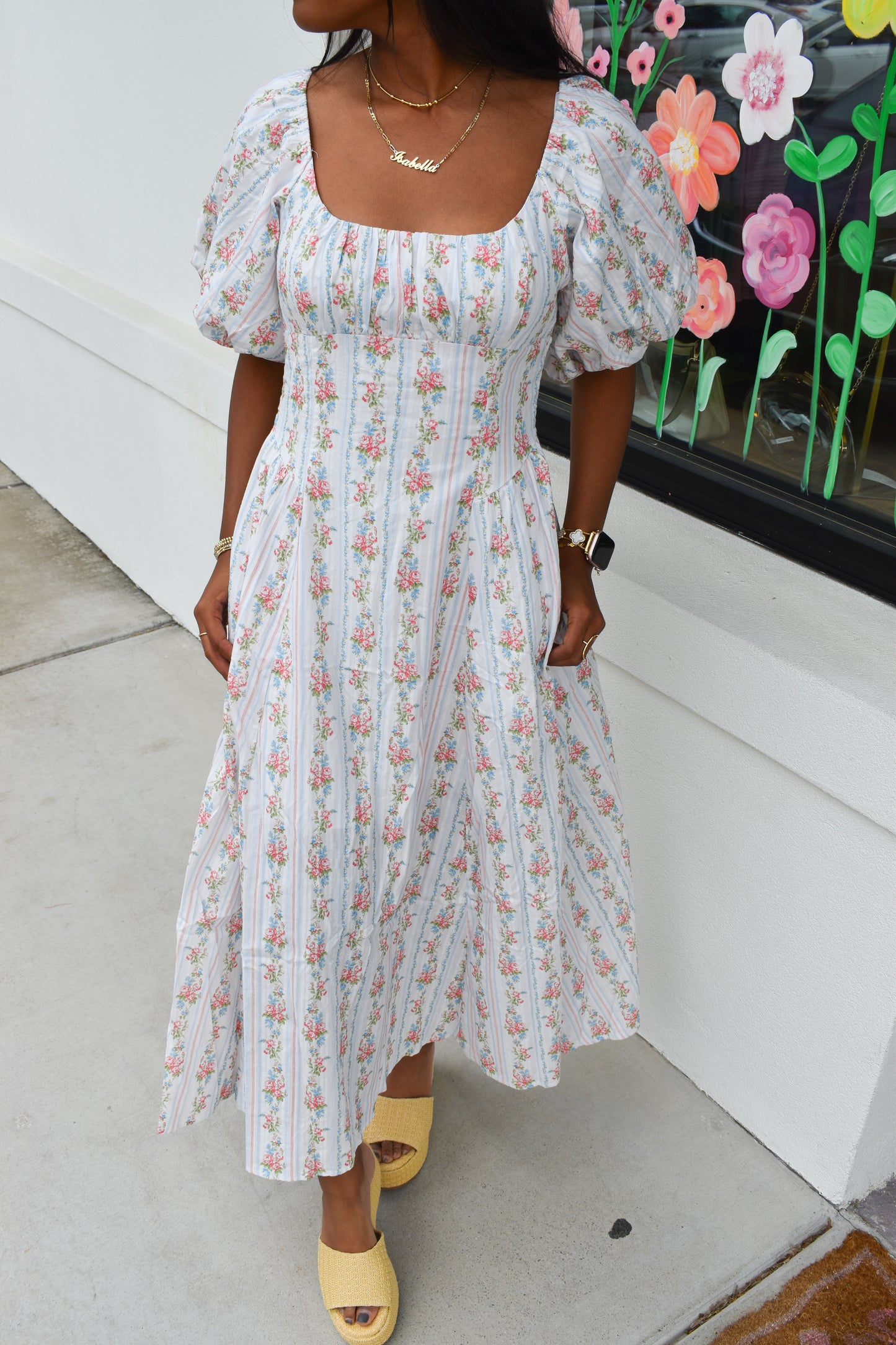 Floral Bubble Maxi Dress W/ Pin Stripe Detail