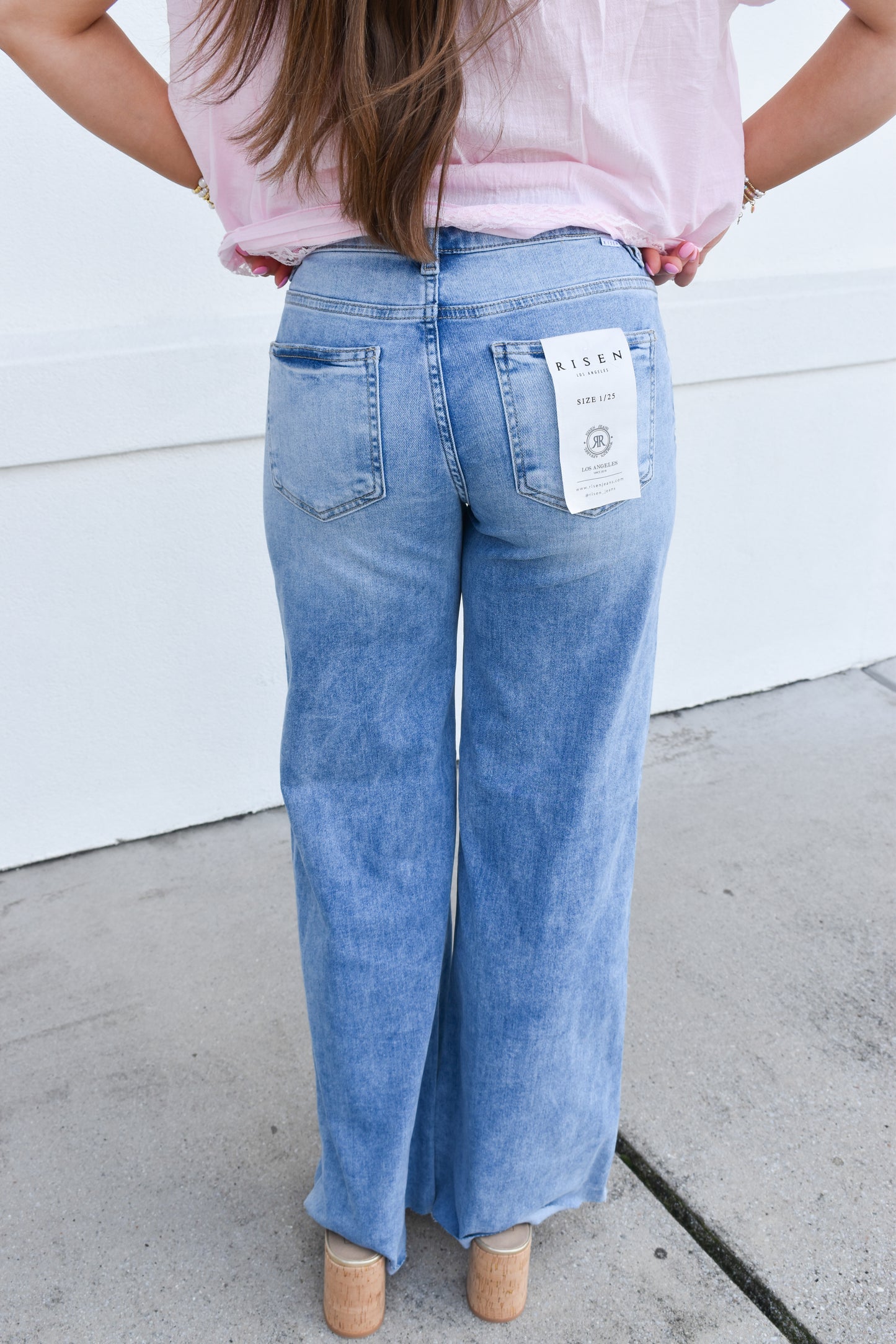 Risen Tummy Control High Rise Ankle Pallazo Jeans: Light Wash