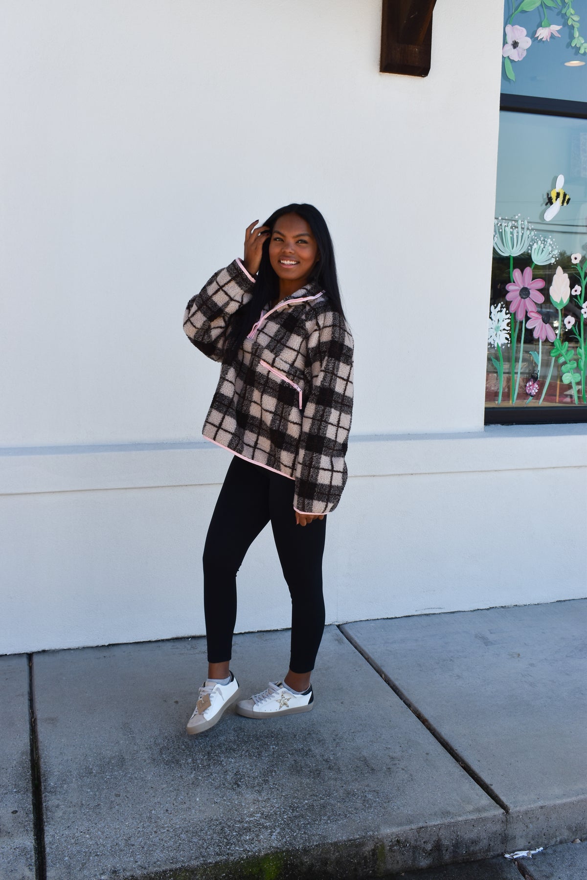 Plaid Sherpa Half-Zip W/ Pink Detail
