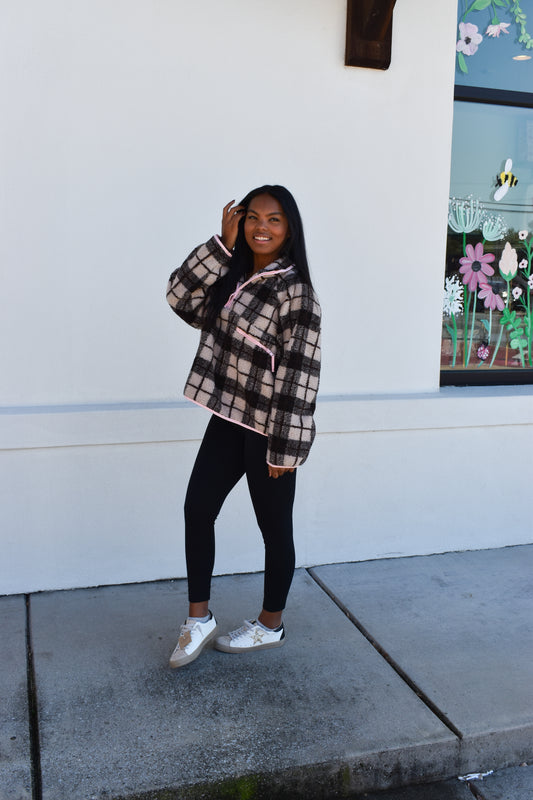 Plaid Sherpa Half-Zip W/ Pink Detail