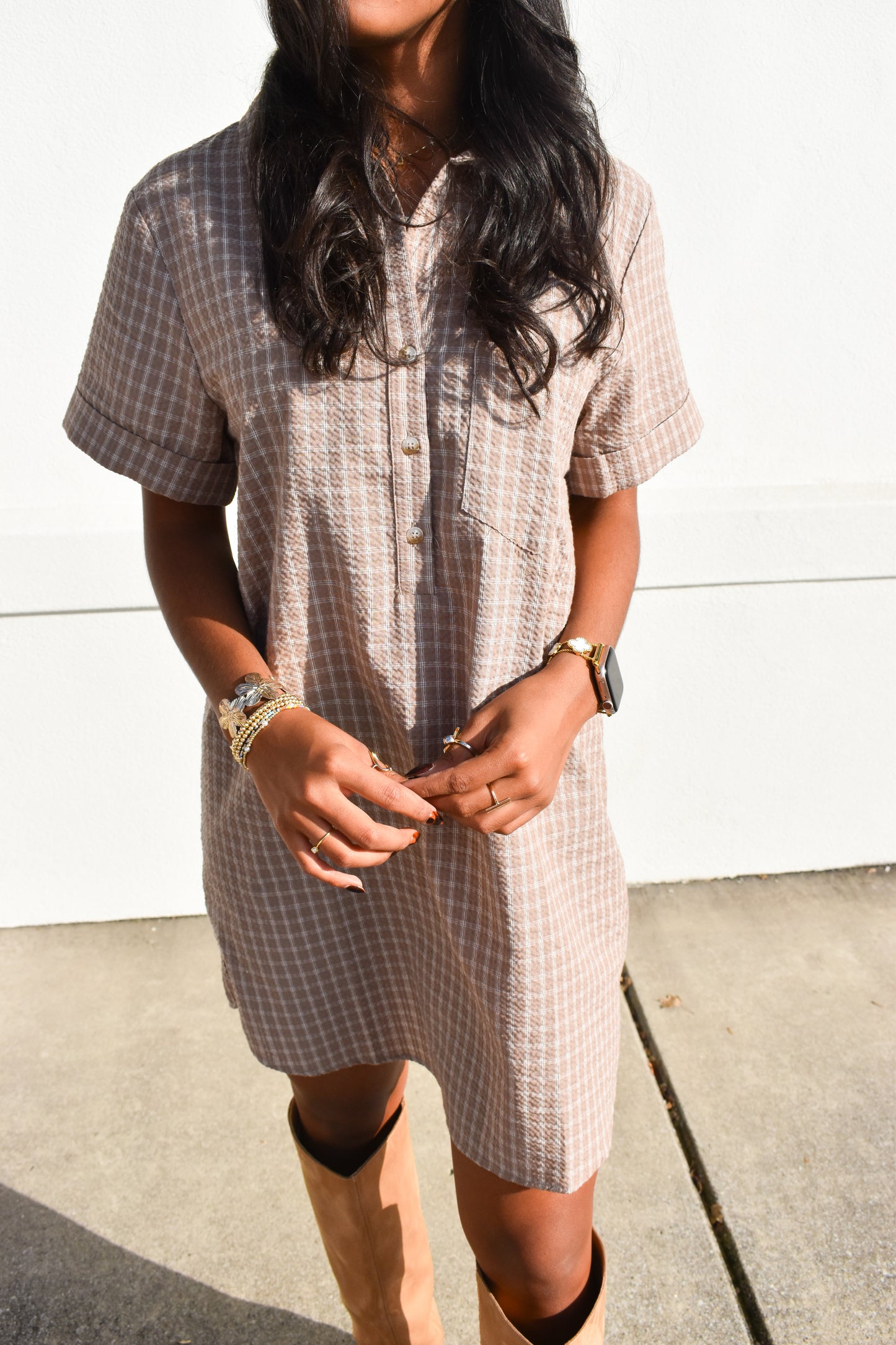 Checkered Shirt Dress W/ Pocket