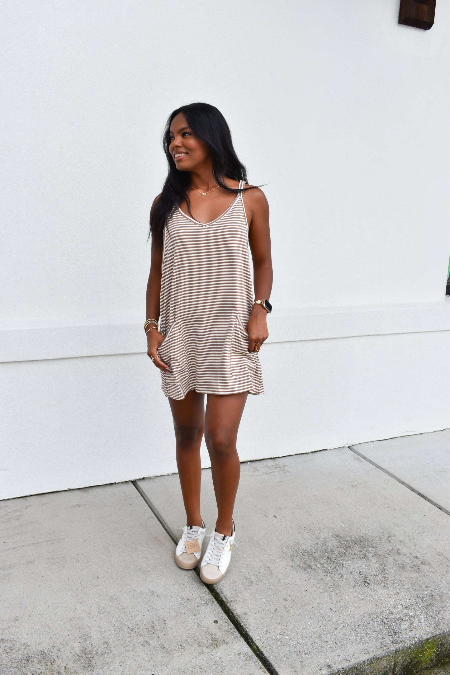 Striped Romper Dress W/ Built In Romper: Brown