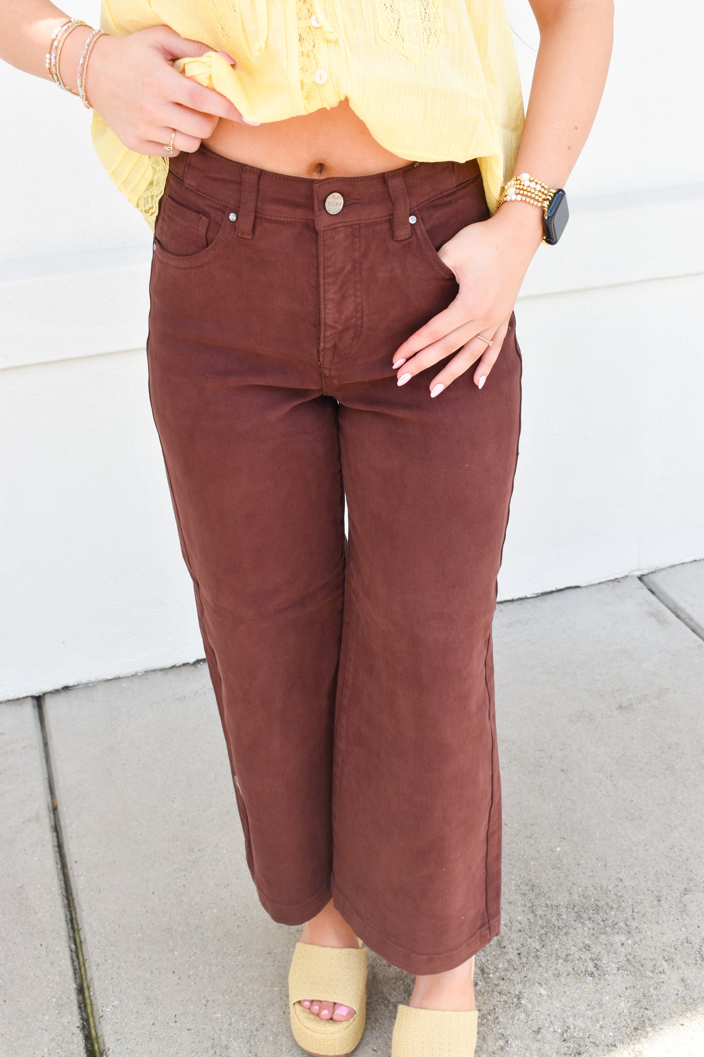 Risen Adjustable Waist High Rise Pants: Chocolate