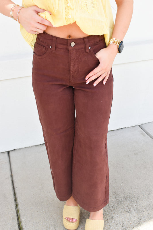 Risen Adjustable Waist High Rise Pants: Chocolate