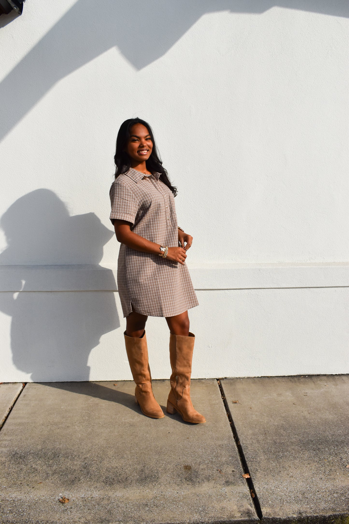 Checkered Shirt Dress W/ Pocket