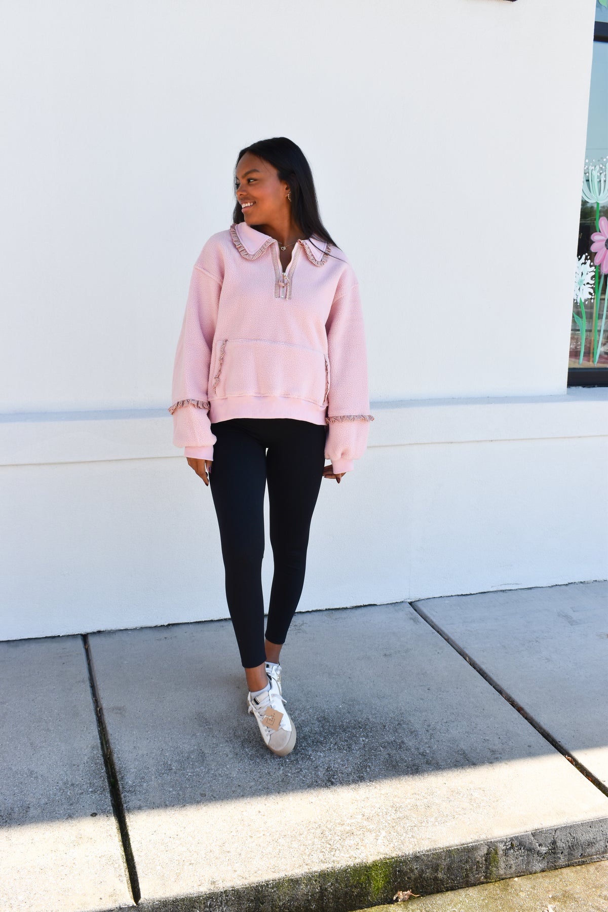 Gingham Fleece Collared Pullover: Pink