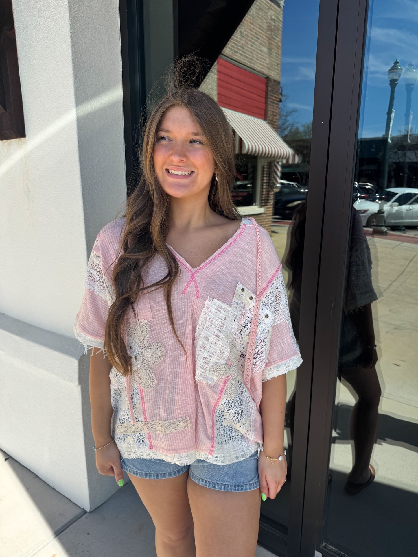 V-Neck Short Sleeve Crochet Contrast Solid Top