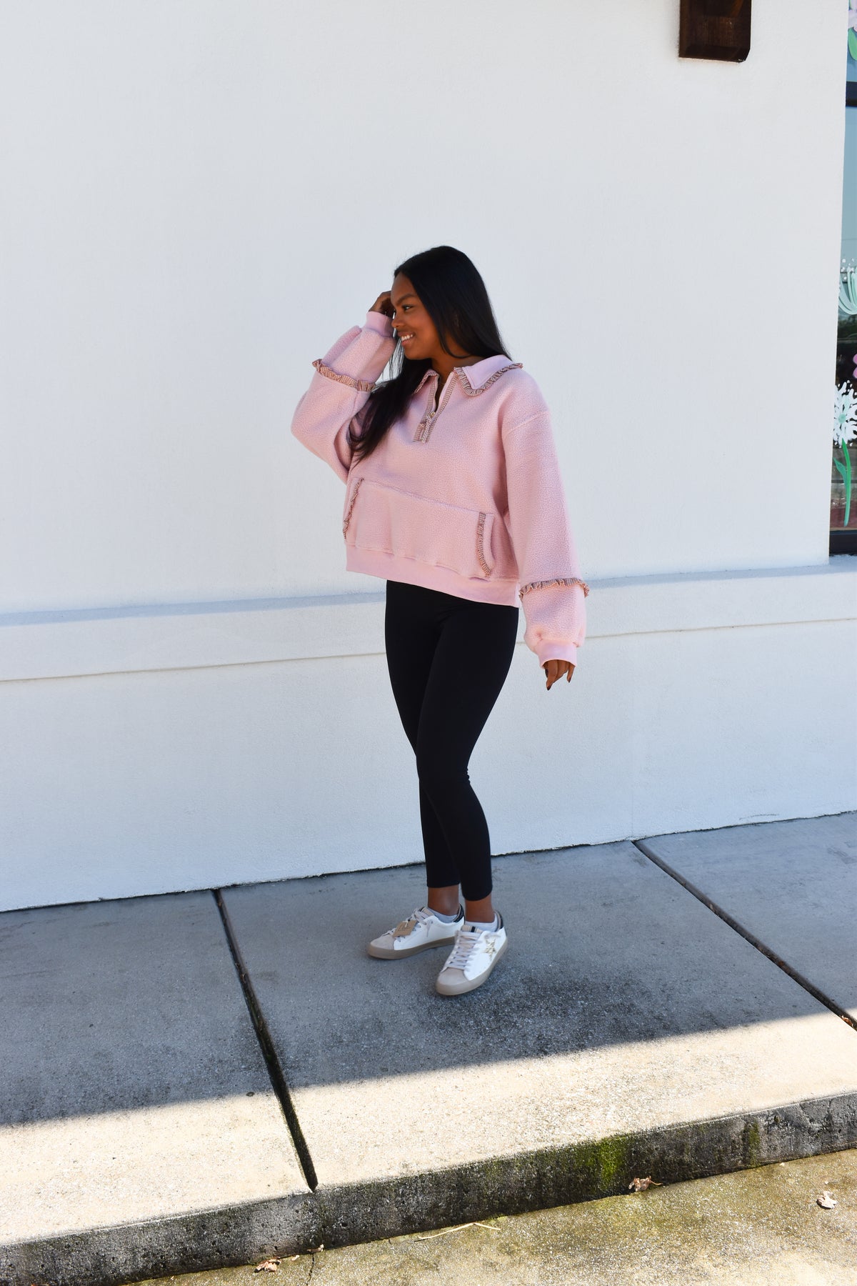 Gingham Fleece Collared Pullover: Pink
