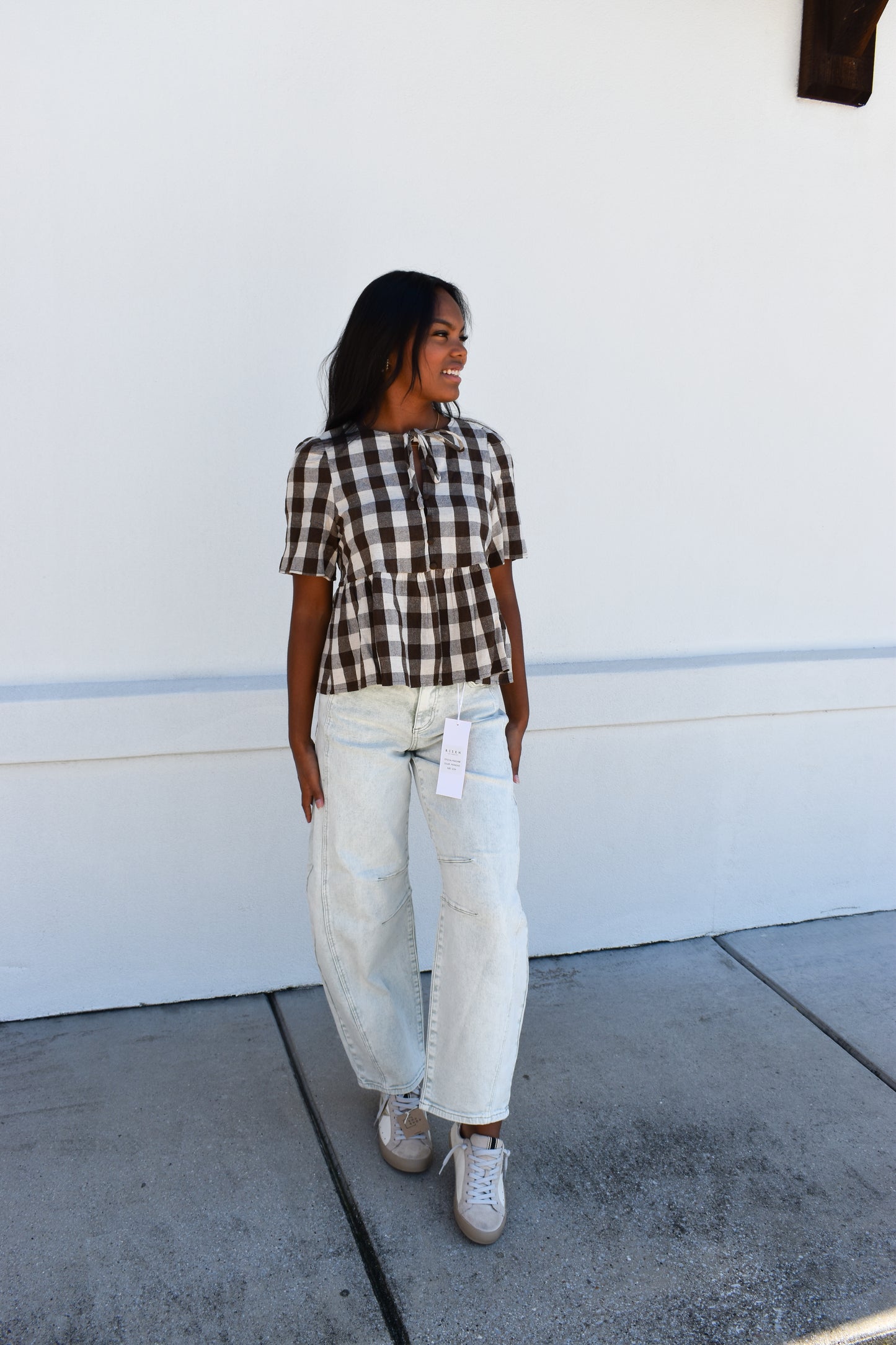 Keyhole Tie-Neck Gingham Peplum Blouse