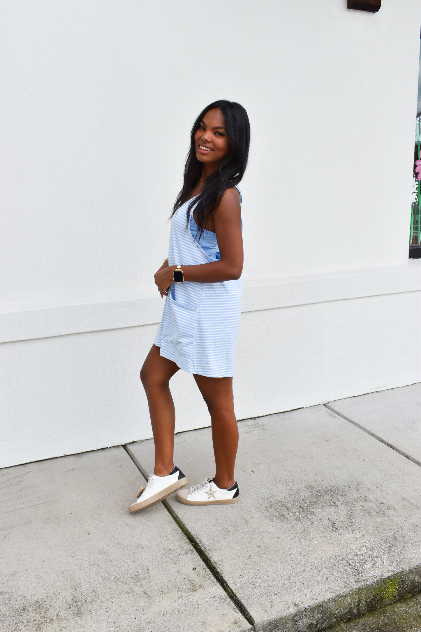 Striped Romper Dress W/ Built In Romper: Blue