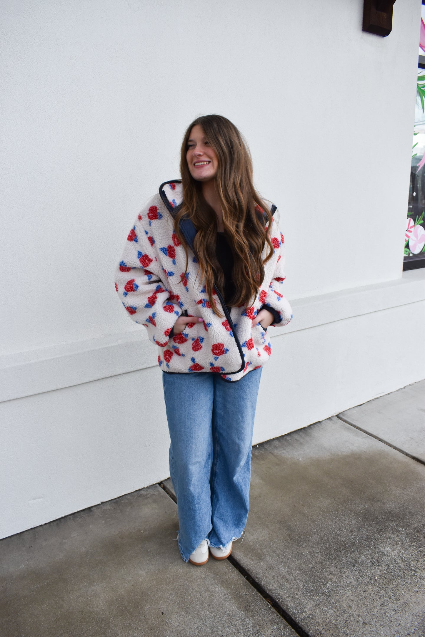 Cozy Oversized Rose Pattern Fleece Zip Up Jacket