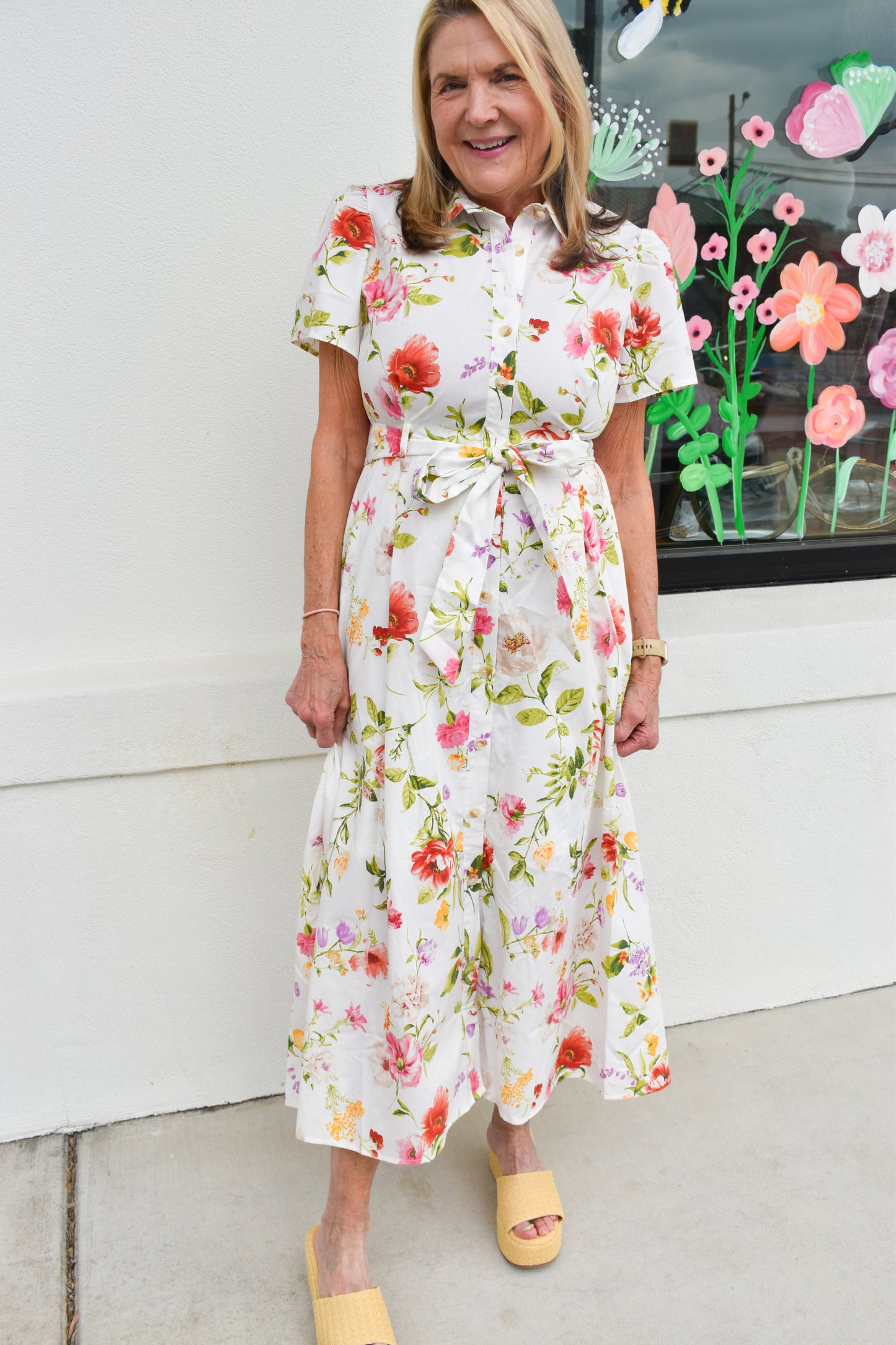 Floral Short Sleeve Belted Midi Dress