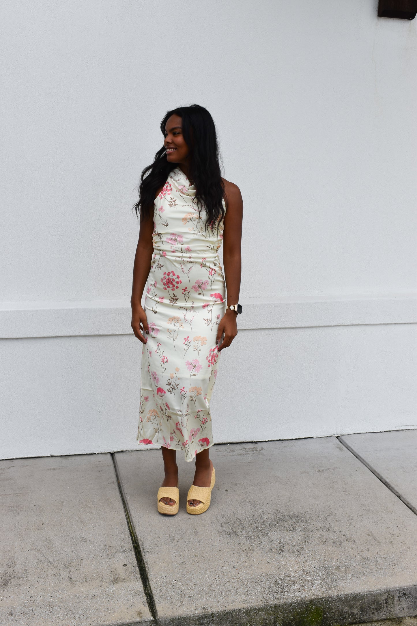 Cowl Neck Floral Midi Dress