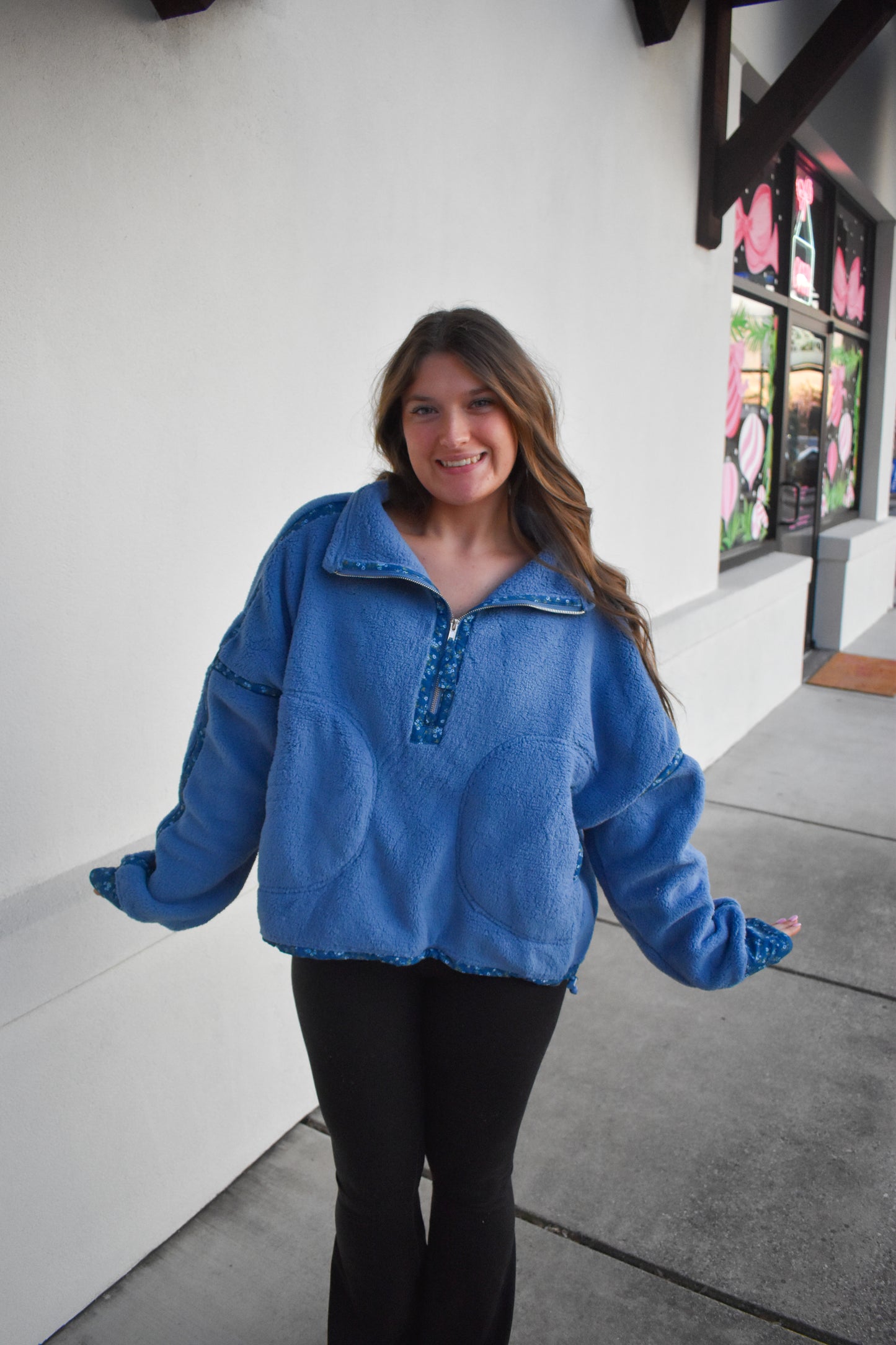 Floral Piping Detail Sherpa Jacket