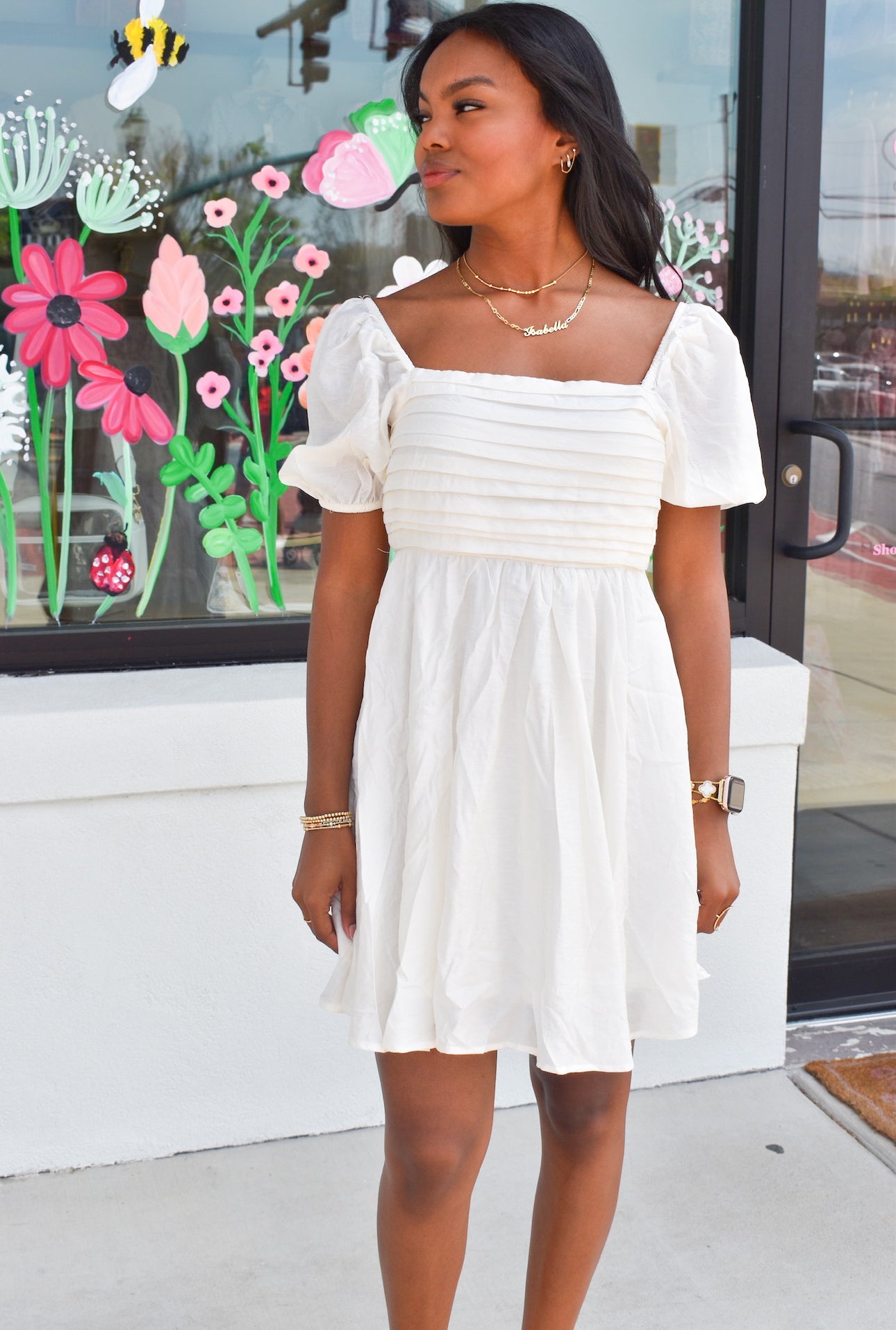 Pleated Puff Sleeve Mini Dress