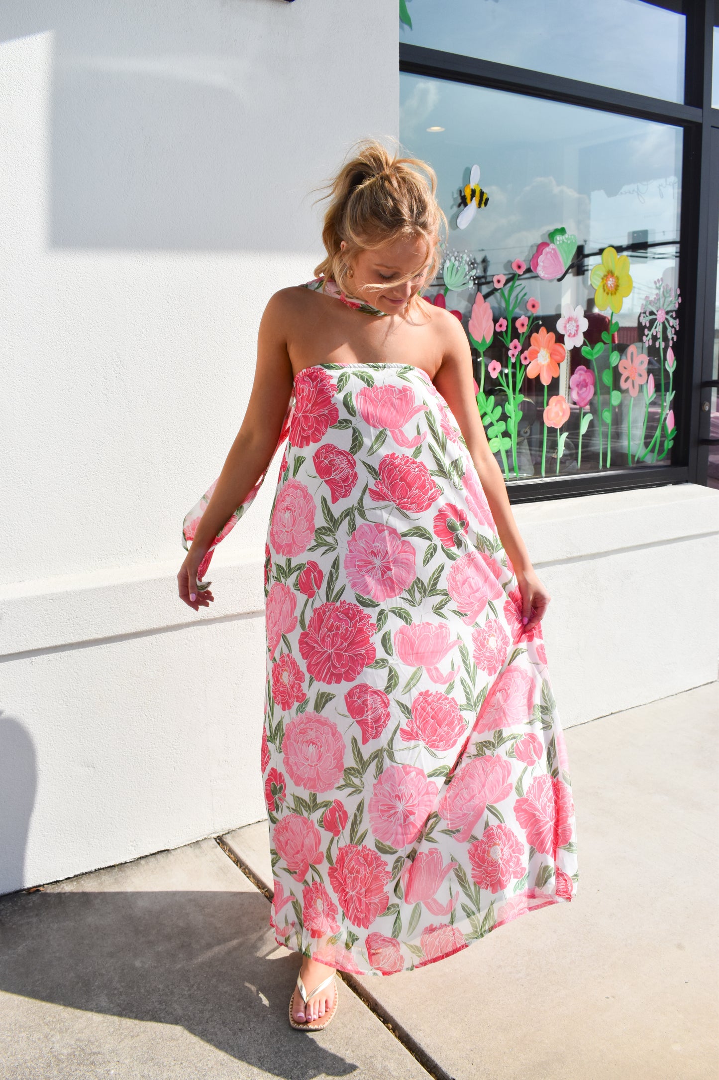 Floral Strapless Maxi Dress W/ Convertible Scarf