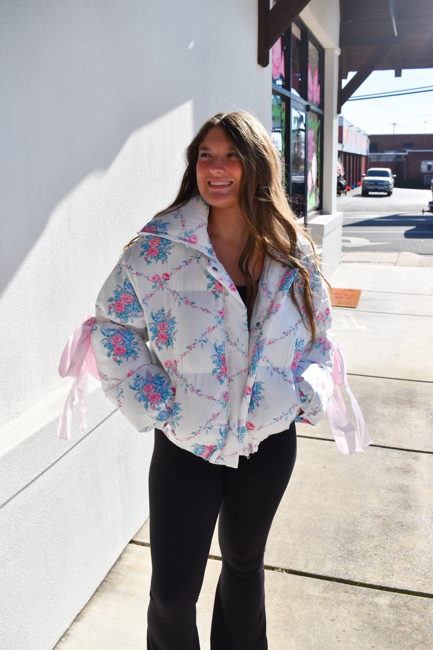 Floral Print Bow Knot Puffer Jacket
