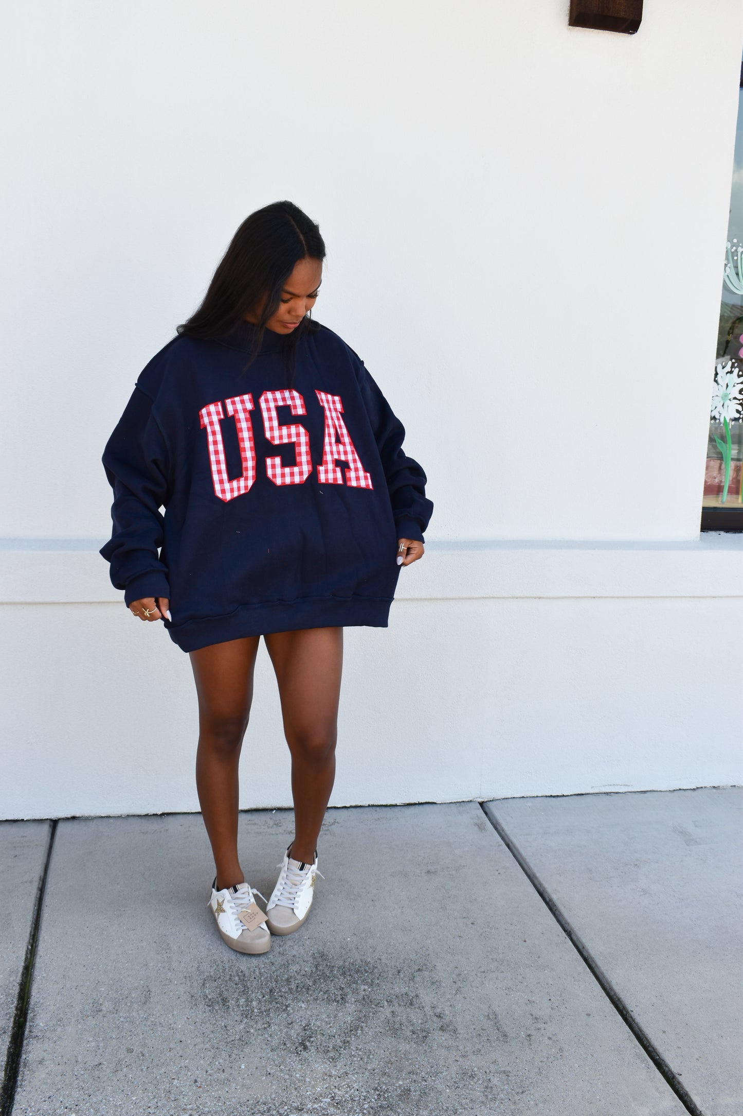 Gingham Embroidery "USA" Mock Neck Sweatshirt