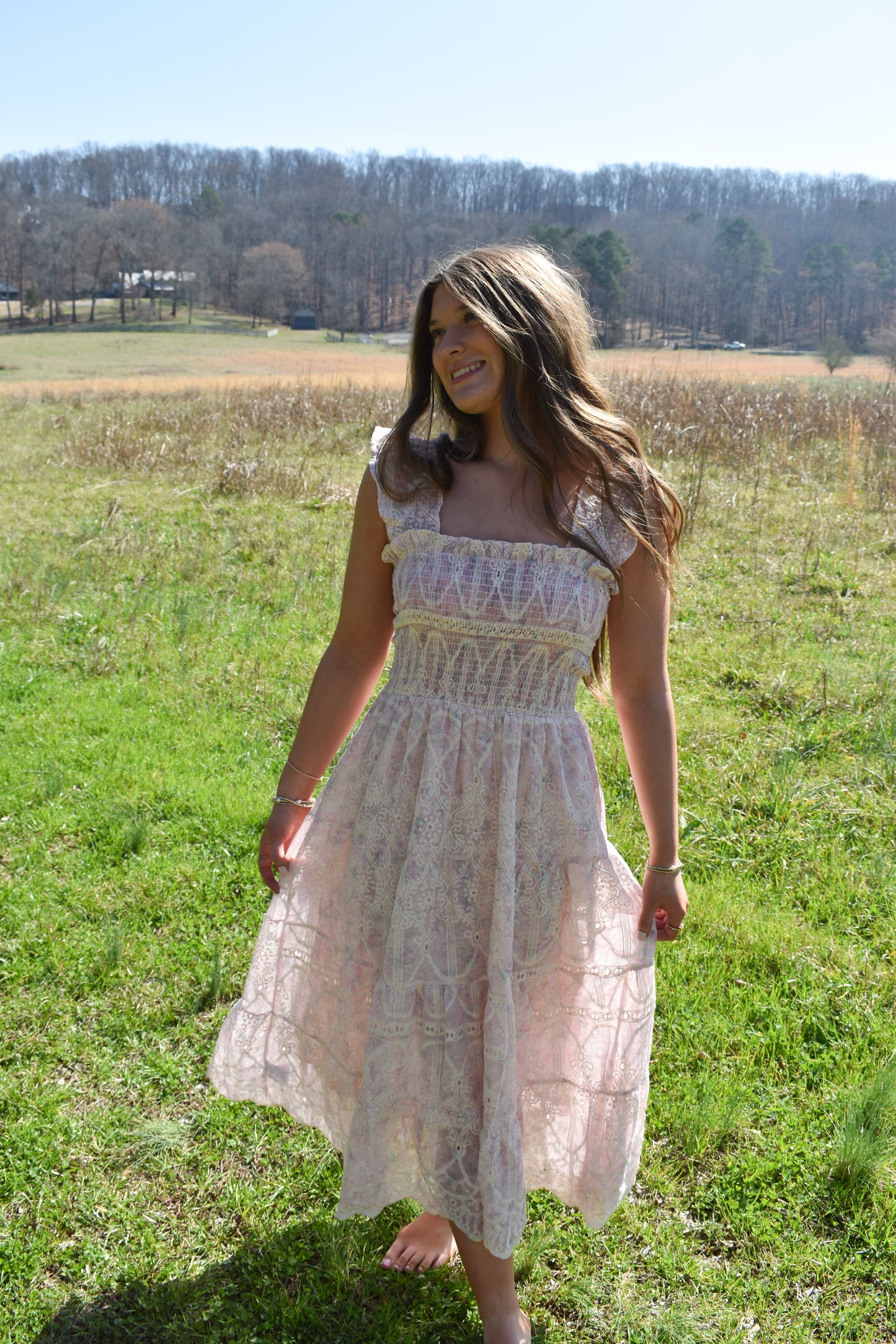 Whimsical Lace Flutter Sleeve Midi Dress