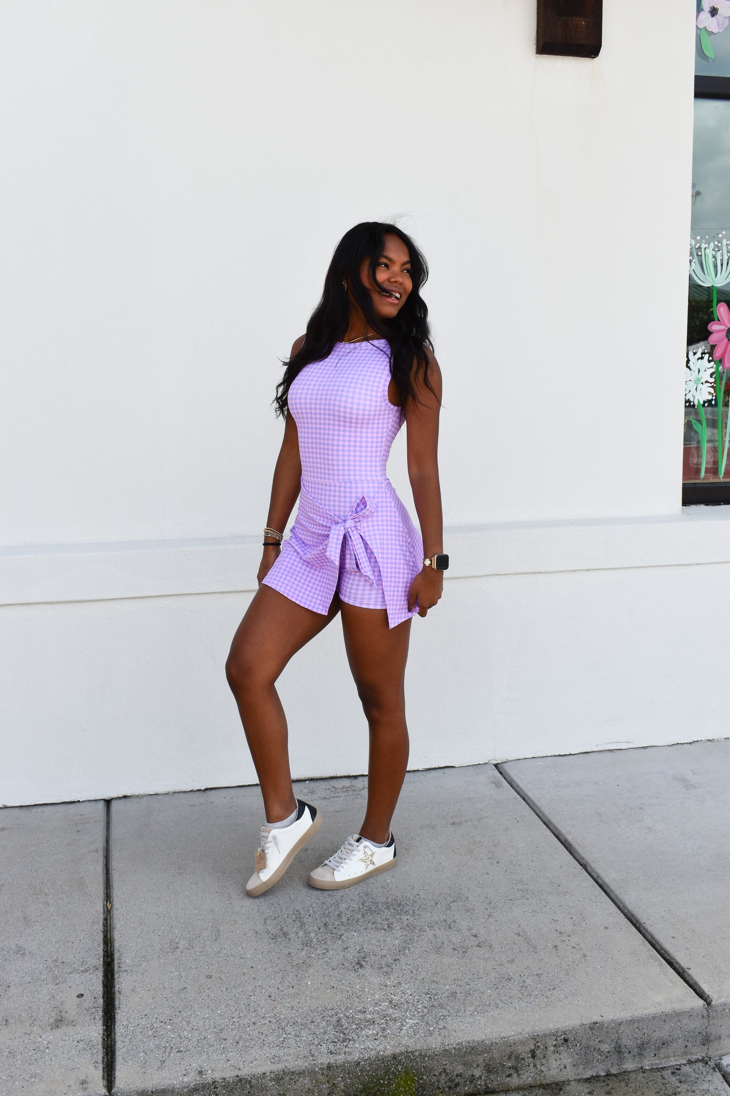 Gingham Athletic Wrap Tie Dress: Purple