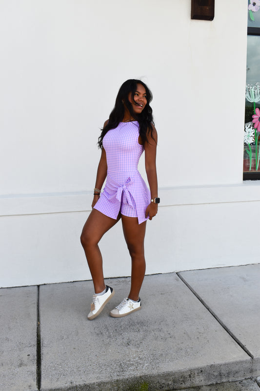 Gingham Athletic Wrap Tie Dress: Purple