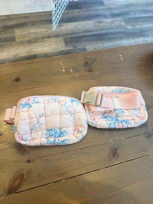 Pink and Gold Floral Quilted Belt Bag