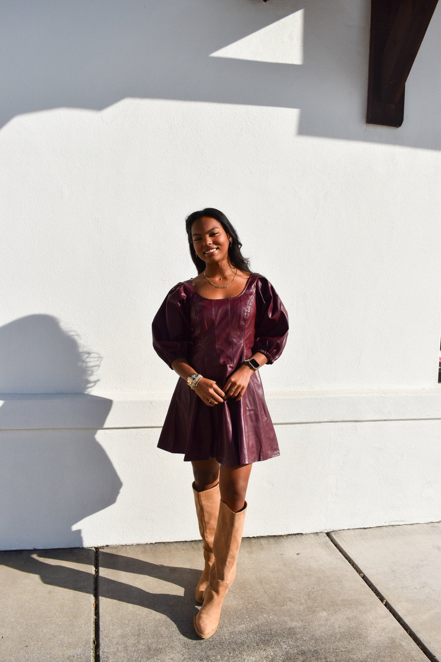 Red Leather Puff Sleeve Dress