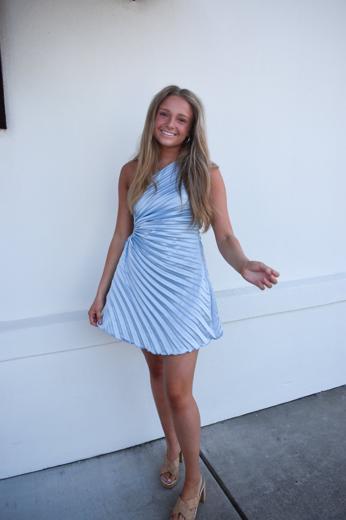 Shoulder Baby Blue Mini Dress